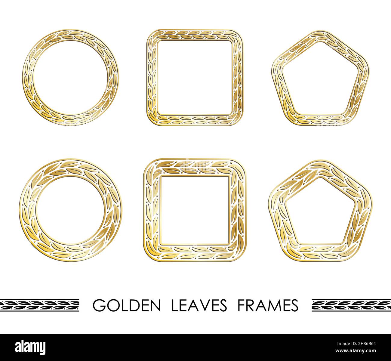 Set aus goldenen BLÄTTERN, runde und quadratische Rahmen für dekorative Kopfzeilen. Goldene florale Ornamente isoliert auf weißem Hintergrund. Vektor Stock Vektor