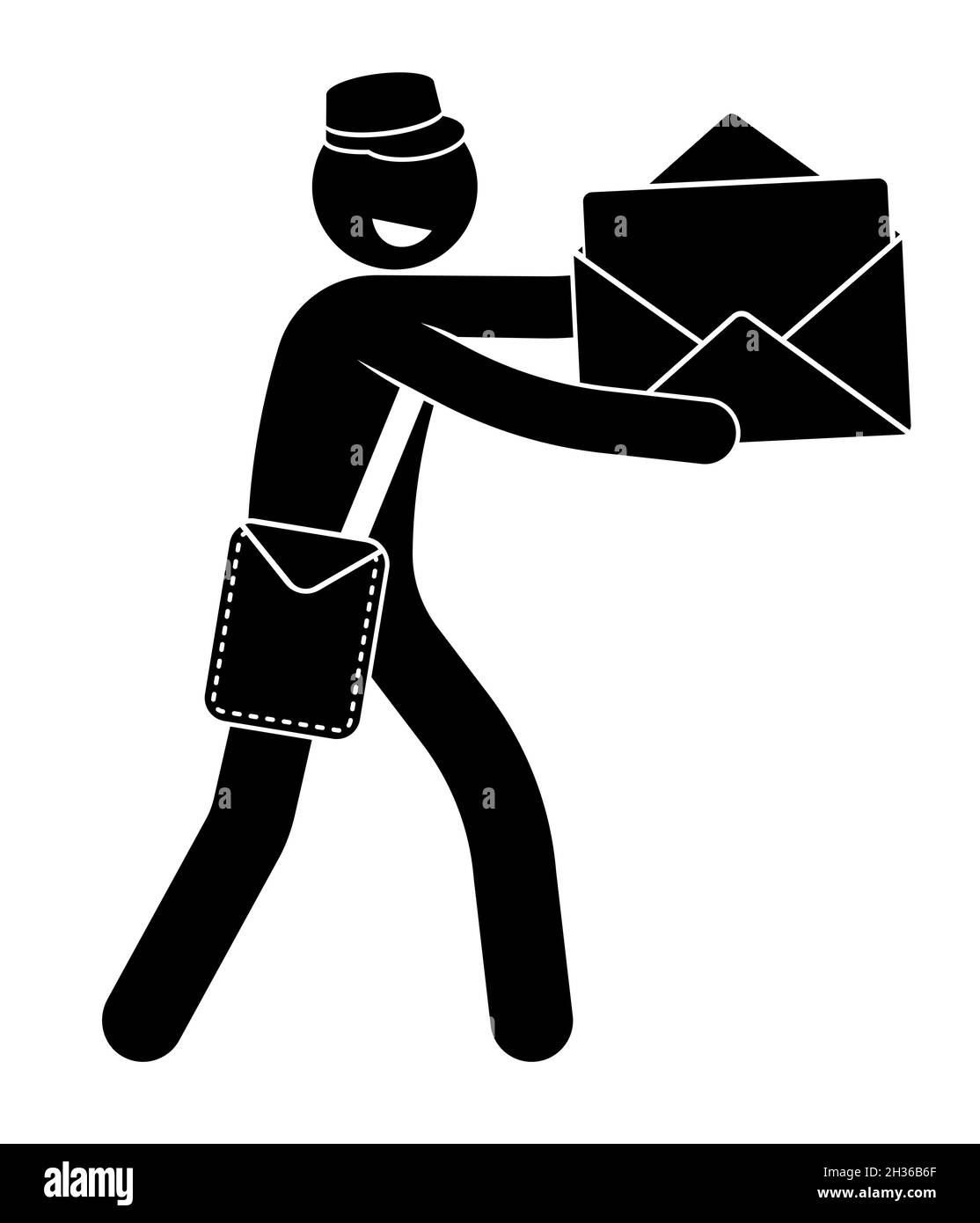 Stockfigur, männlicher Postbote gibt Umschlag mit Grußkarte innen. Zustellung der Postkorrespondenz. Isolierter Vektor auf weißem Hintergrund Stock Vektor