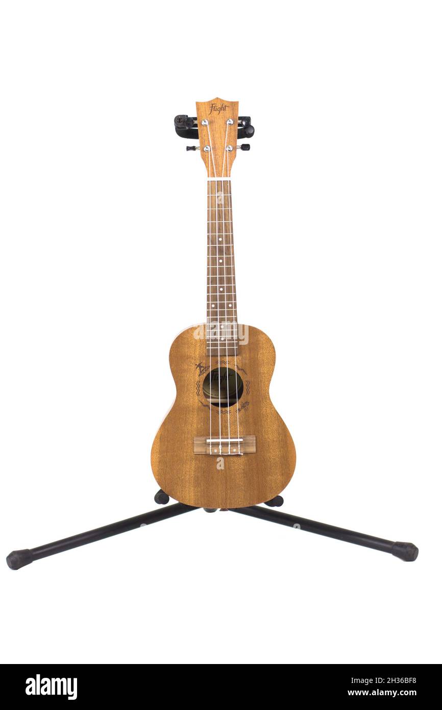 Neue Ukulele-Gitarren auf weißem Hintergrund Stockfoto