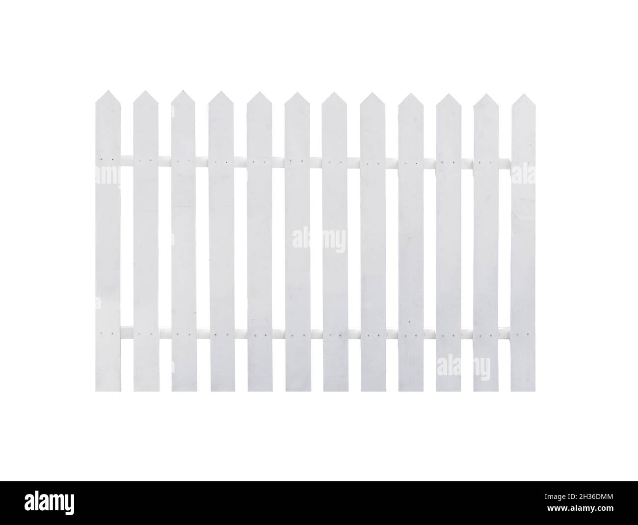 Weißer Holzzaun ist auf weißem Hintergrund isoliert. Stockfoto