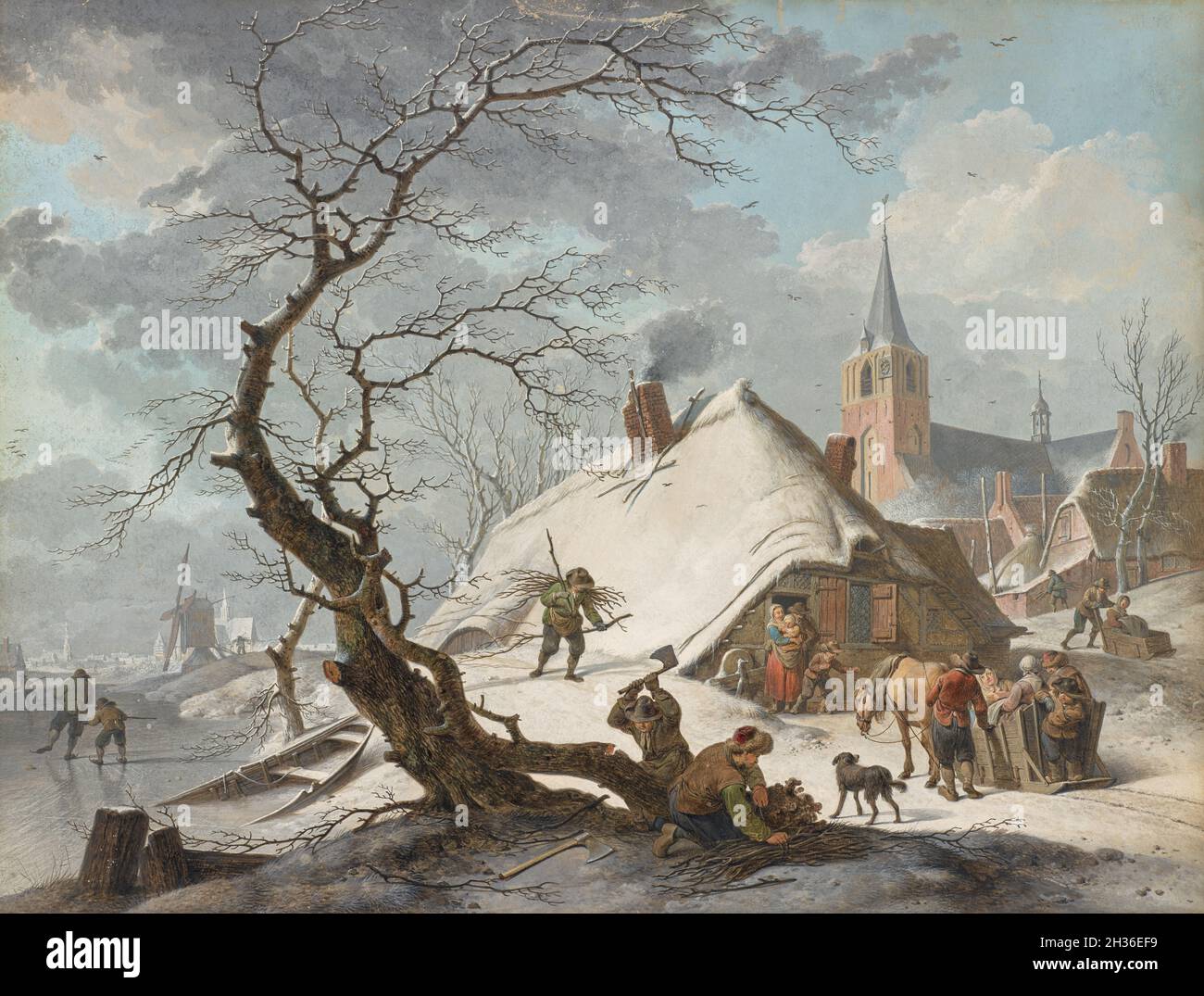 A Winter Scene; Hendrik Meyer; 1787; Schwarze Kreide, Stift und braune Tinte, Gouache, USA Stockfoto