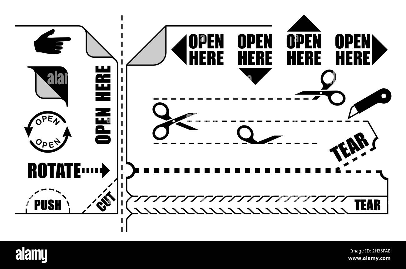 Vektorset mit „Hier öffnen“-Etikett, Reißstreifen, Druckschild, Schnittlinie, Pfeil drehen, Eckaufkleber mit einfachen Illustrationen von Schere, Messer, Reißverschluss, Punkt Stock Vektor
