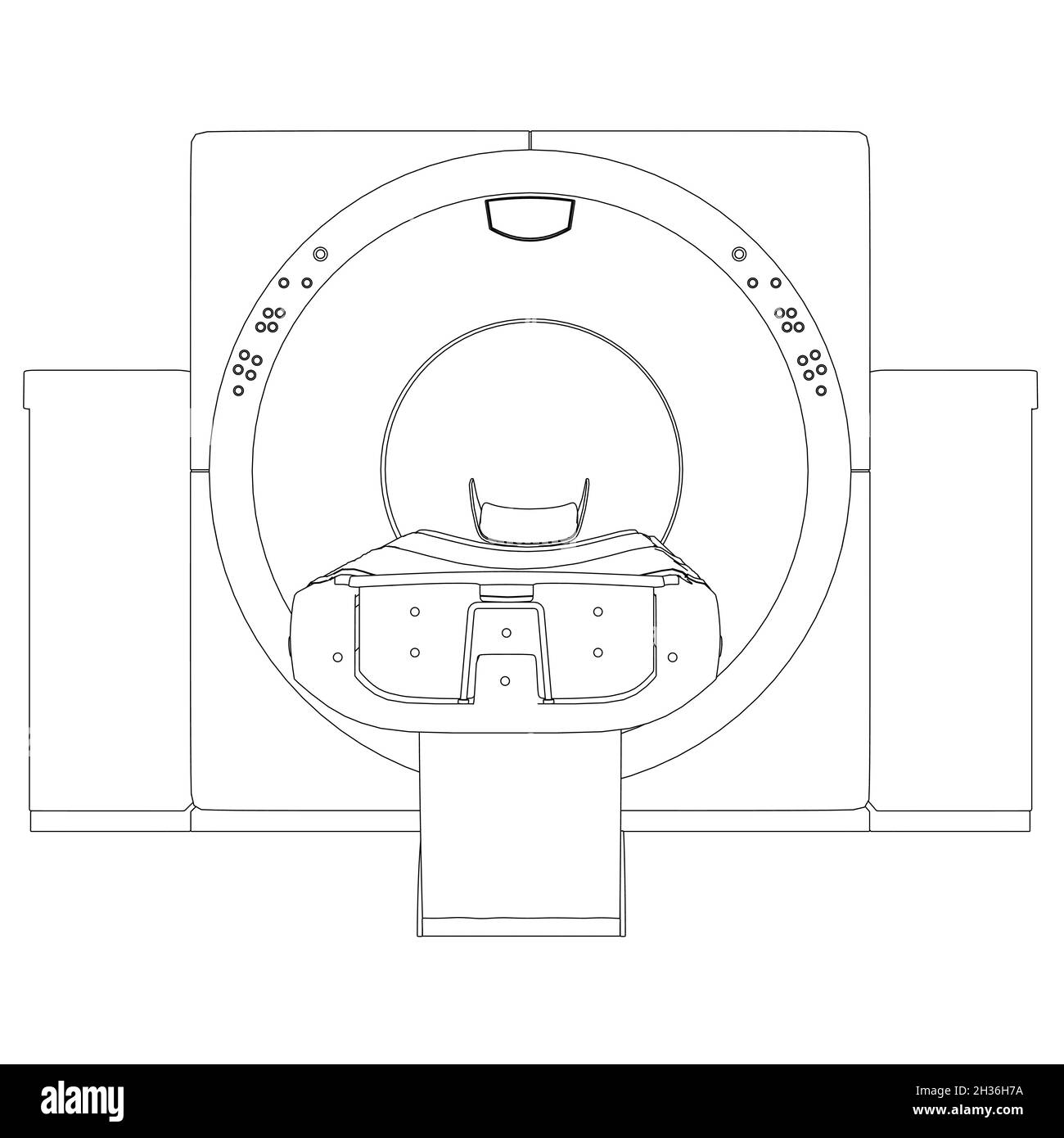 Kontur eines medizinischen Tomographen aus schwarzen, auf weißem Hintergrund isolierten Linien. Vorderansicht. Vektorgrafik Stock Vektor