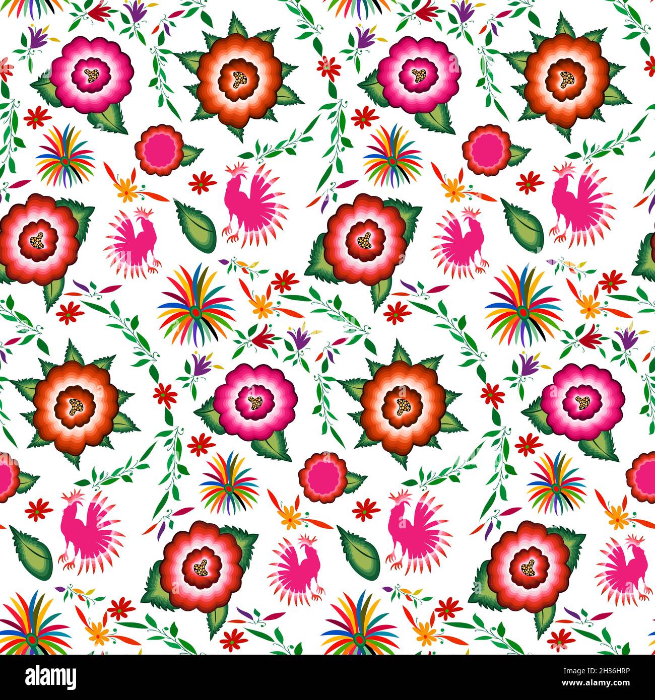 Nahtloses mexikanisches Blumenstickmuster, farbenfrohe einheimische Blumen, folkloristische Mode. Bestickte traditionelle Textil-Stil von Mexiko, Vektor Stock Vektor