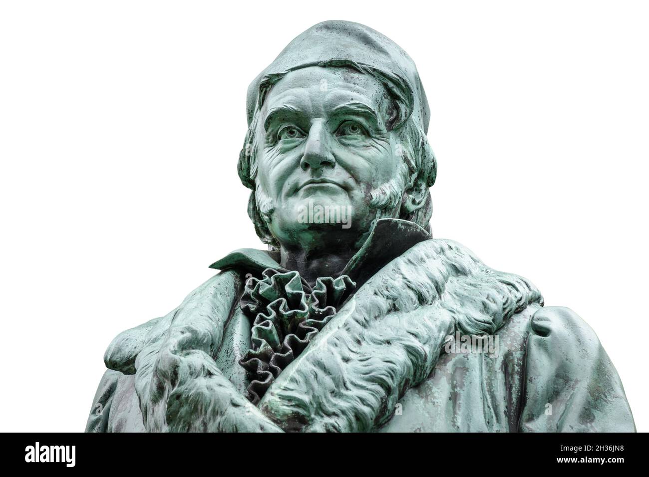 Historische Statue von Carl Friedrich Gauss an seinem Geburtsort in Braunschweig. Berühmter Mathematiker (1777-1855), isoliert auf weißem Hintergrund. Stockfoto