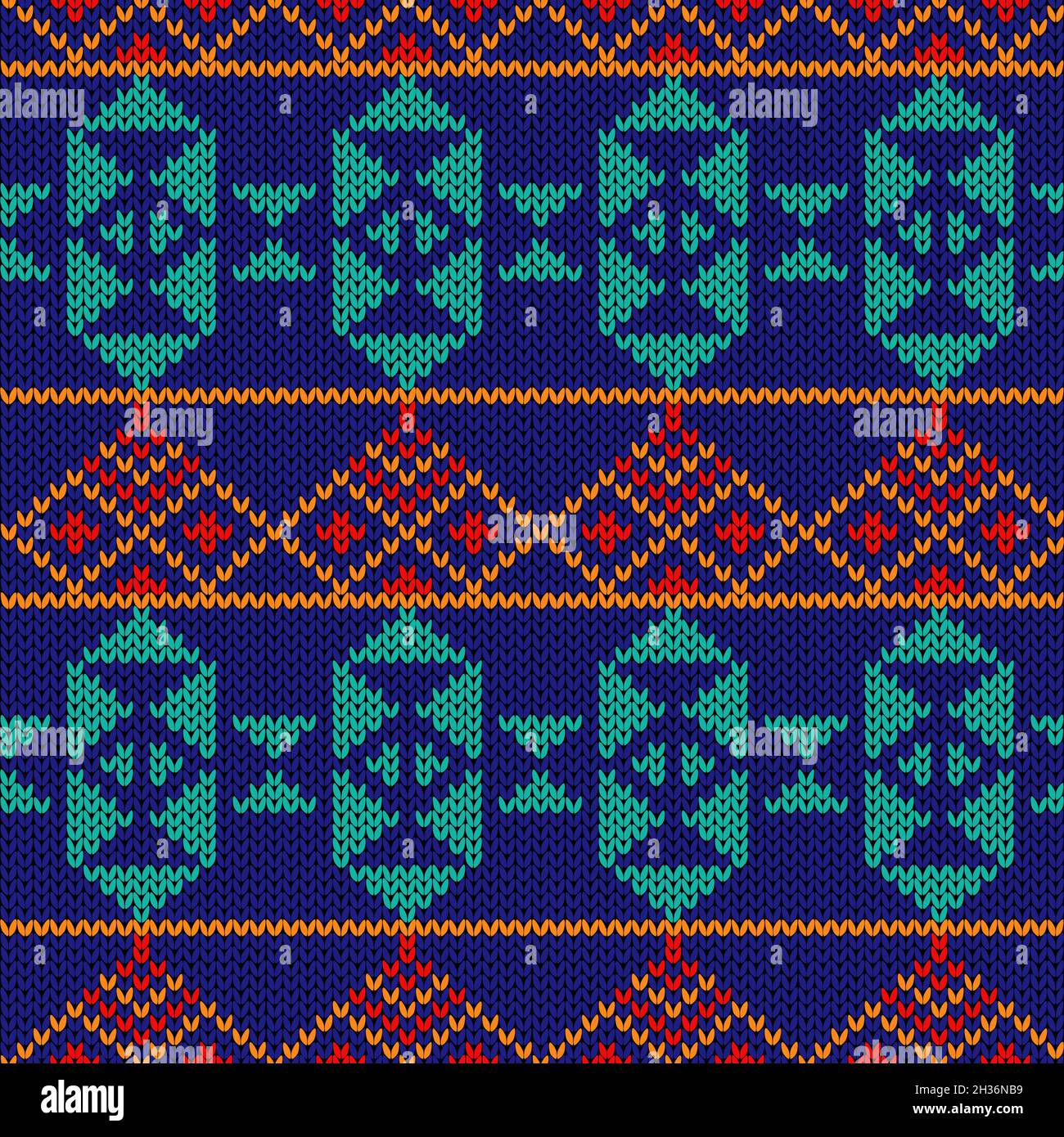 Geometrische verzierten Nahtlos gestrickte vector Pattern als Stoff Textur in türkis, blau, rot und orange Farben Stock Vektor