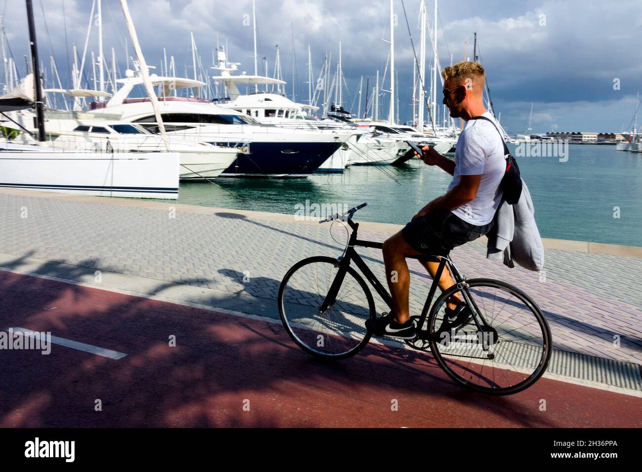 Mann auf dem Fahrrad im Hafen Palma de Mallorca Spanien Europa Stockfoto