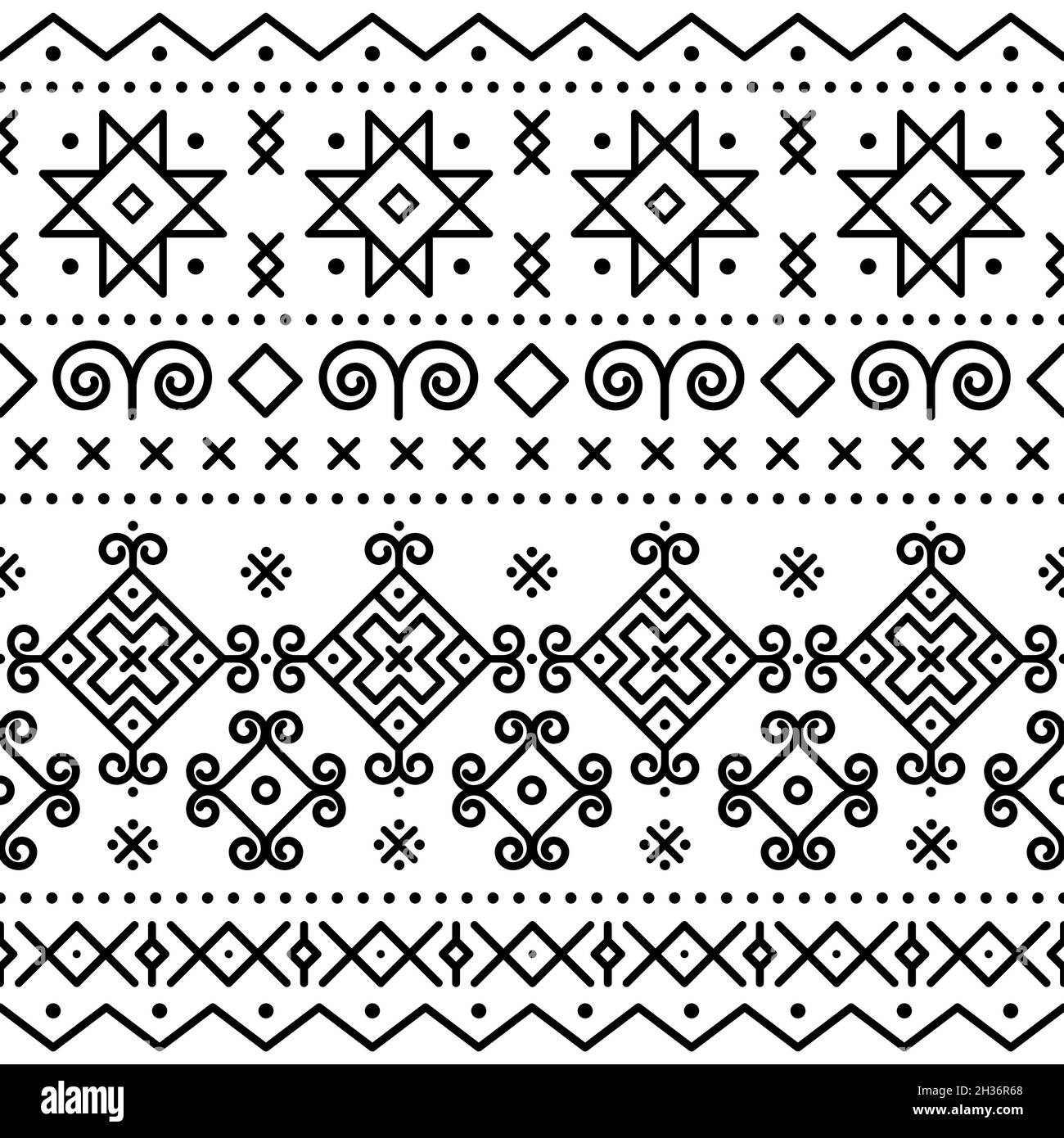 Traditionelle Volkskunst Vektor nahtlose Muster inspiriert von einem alten bemalten Häuser in Cicmany, Slowakei, Retro-Design mit Tribal geometrischen Formen in blac Stock Vektor