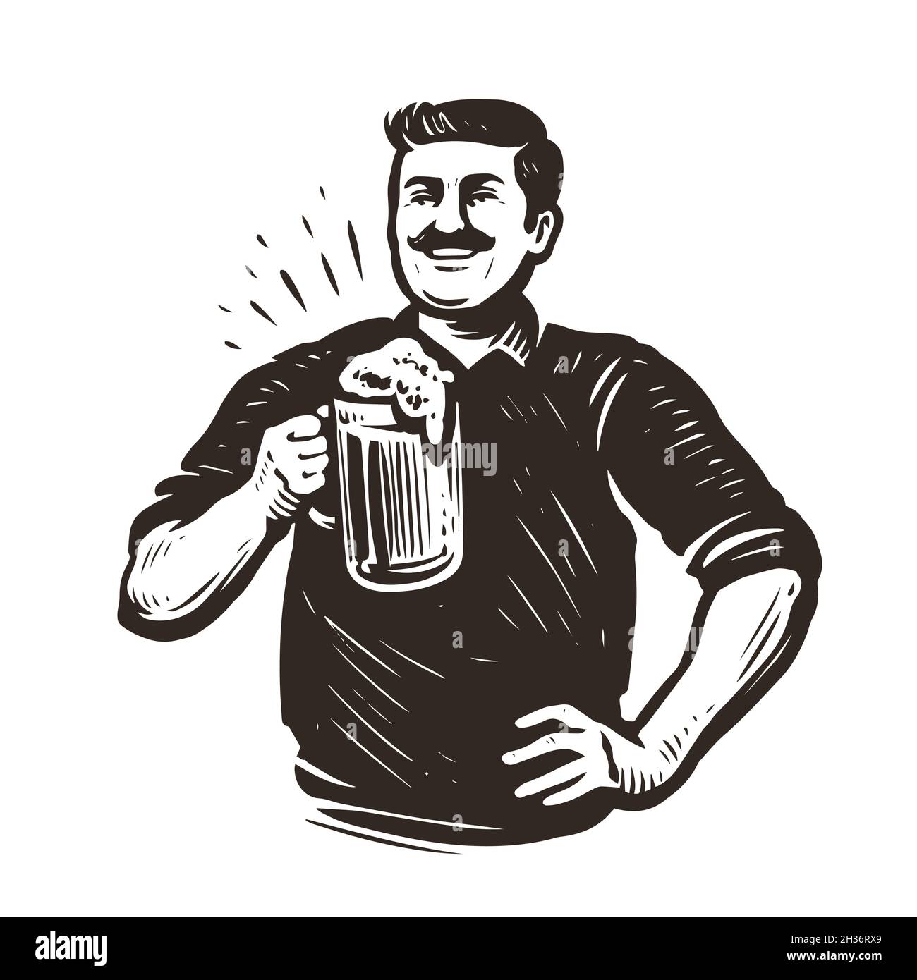 Handgezeichneter Mann mit einem Glas Bier. Oktoberfest, Pub-Konzept vintage Vektor-Illustration Stock Vektor