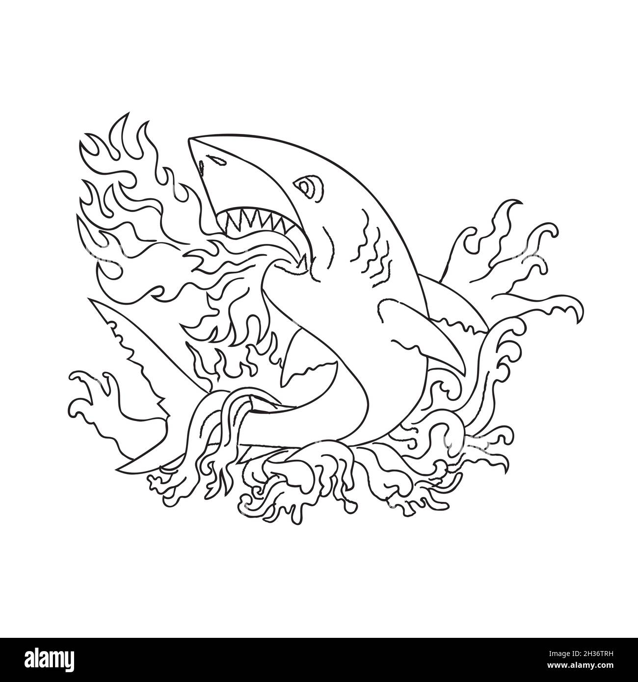 Shark Breathing Fire Springen mit Wellen Vintage Tattoo Stil Schwarz und Weiß Stockfoto