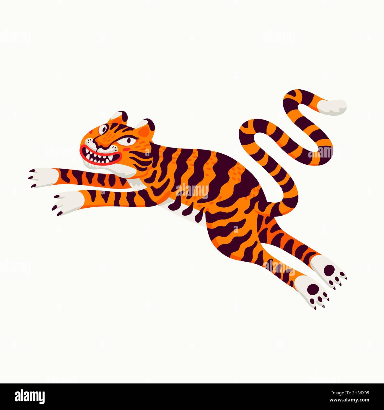 Tiger Vektor-Illustration, springen Cartoon Tiger auf weißem Hintergrund. Vektorgrafik im organischen flachen Stil Stock Vektor