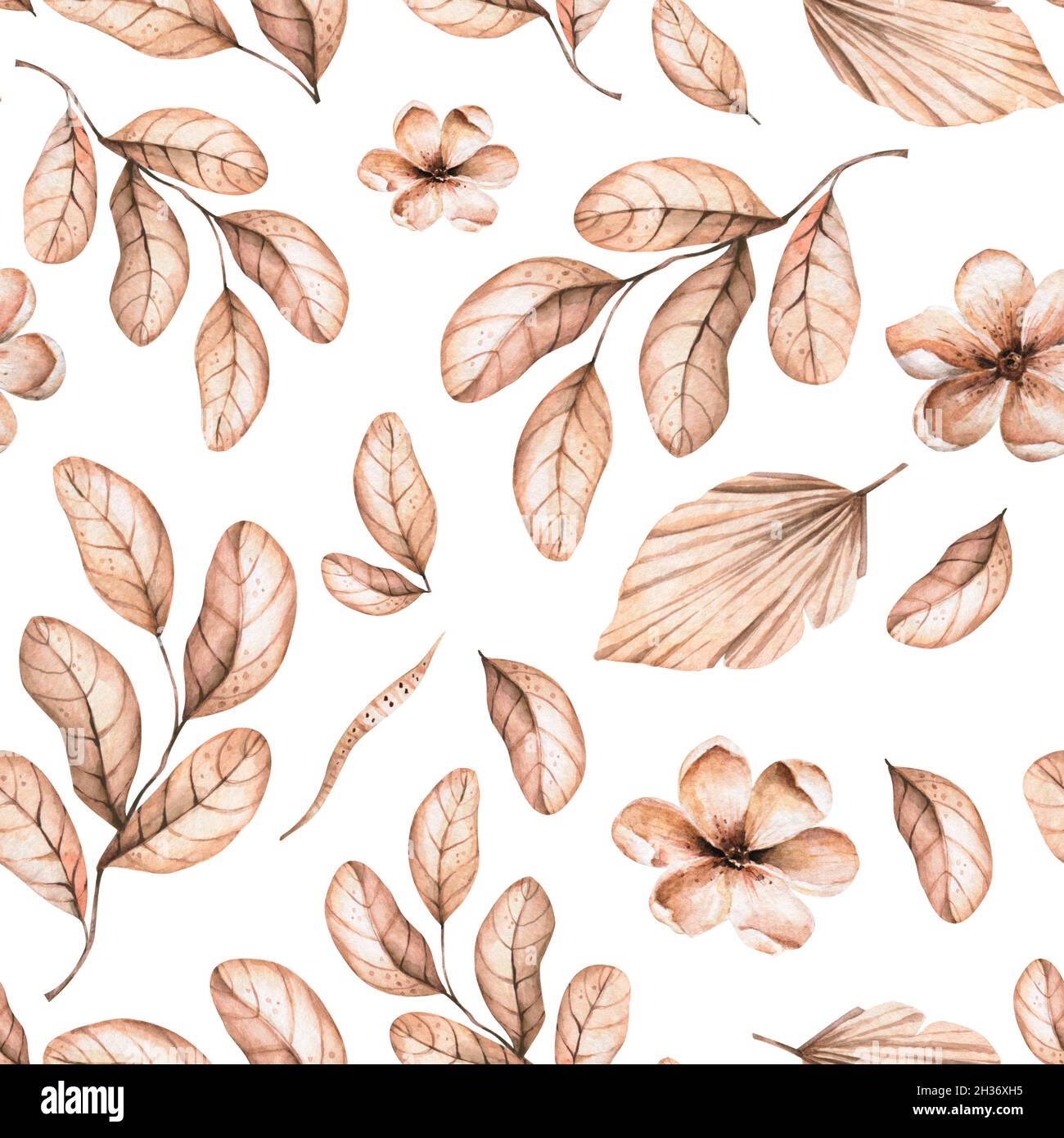 Aquarell-Boho-Nahtloses Muster - handbemalte tropische Blüten aus weißer Orchidee, Palmblättern und Ästen von Pampas. Romantisches Blumenset perfekt für Stockfoto