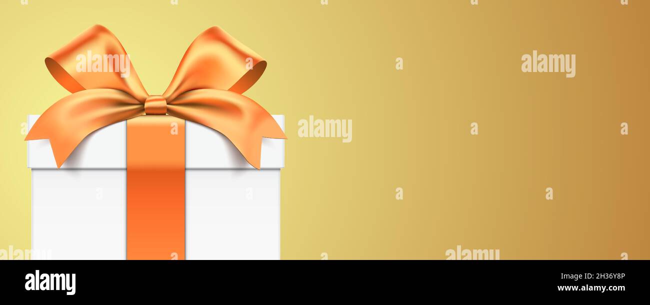 Weiße Geschenkbox mit goldenem Band verpackt, stehend auf einem goldfarbenen Hintergrund. Elegantes geschenkbox Banner Vektor-Design, mit Kopierer Platz. Stock Vektor