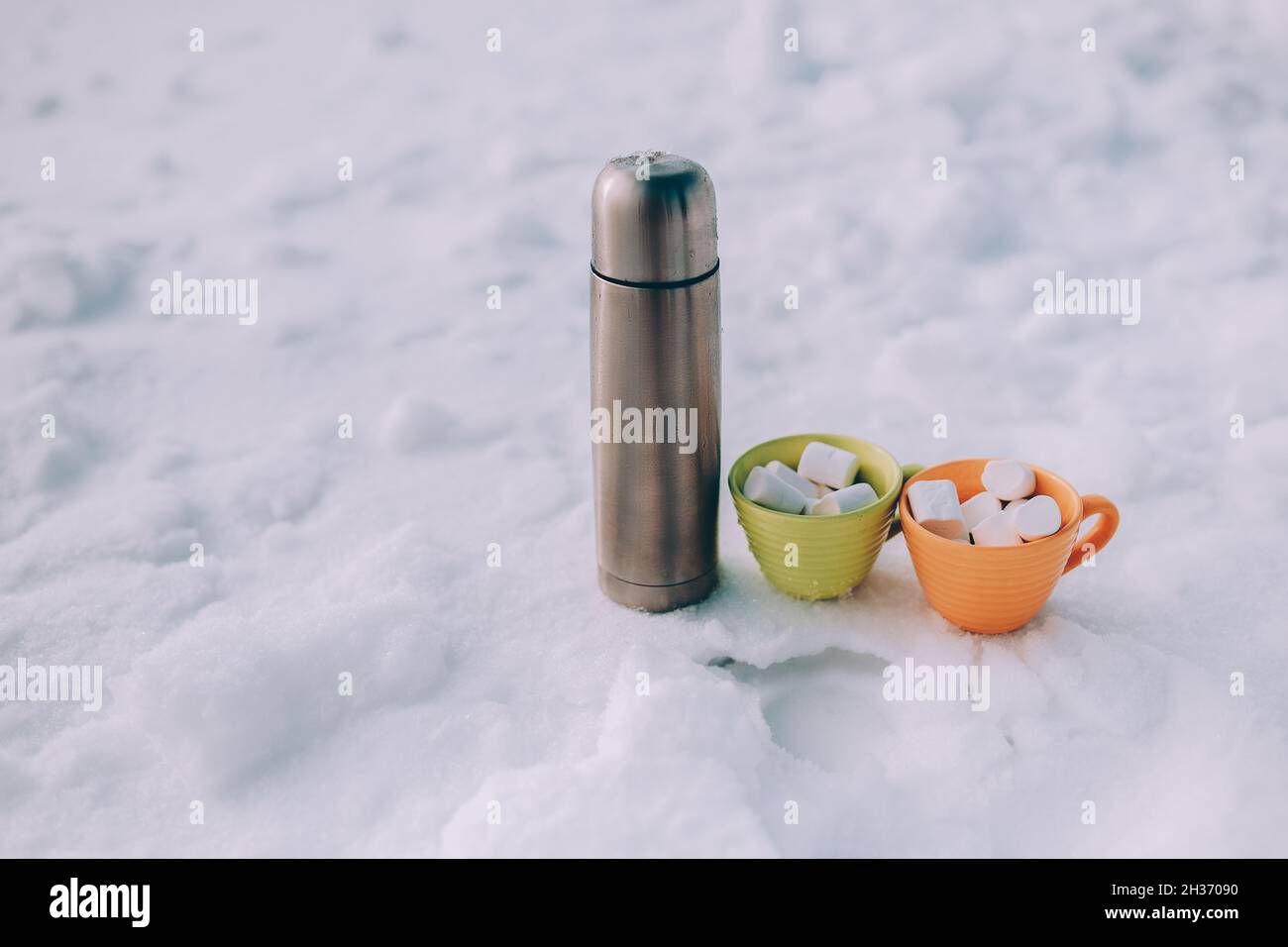 Thermoskannen und Sumpflaibe in einer Tasse auf Schnee Stockfoto