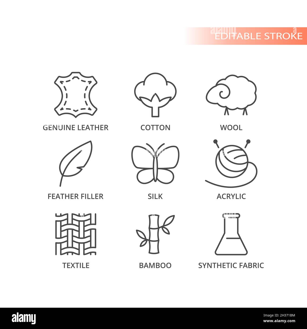 Symbol für Linienvektoren für Stoffmerkmale und Materialien. Baumwolle, Wolle, Symbole aus echtem Leder, bearbeitbarer Strich. Stock Vektor