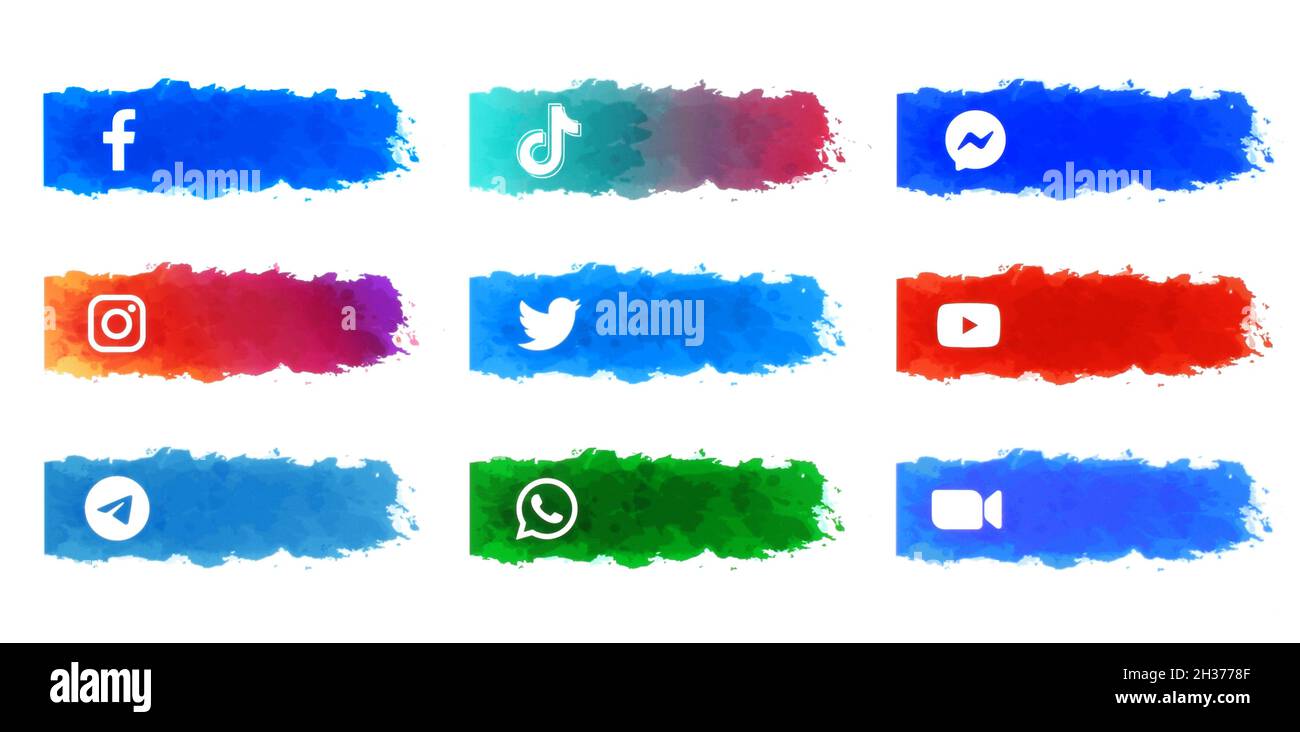Kiew, Ukraine - 27. September 2021: Satz von Aquarell-Sticker mit beliebten Apps Logos: Facebook, Instagram, Twitter, Youtube, TikTok und andere, Prin Stockfoto