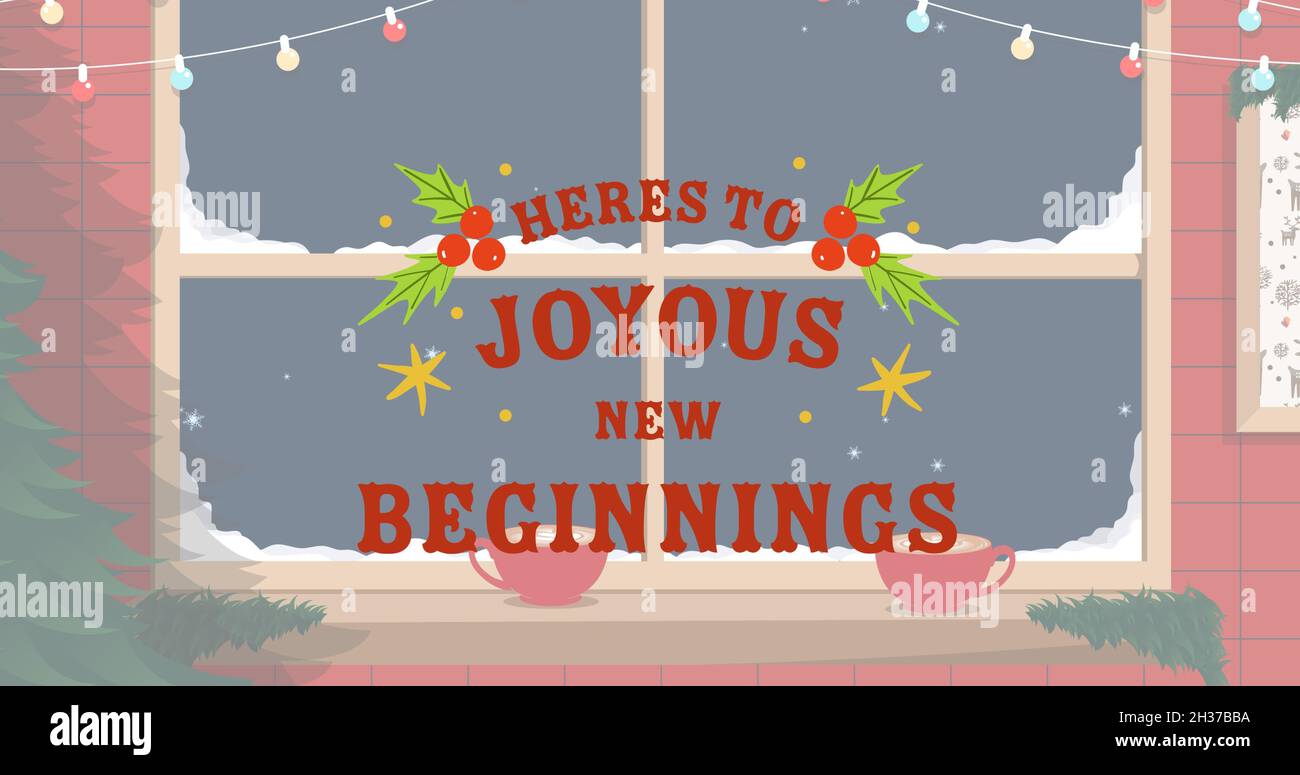 Komposition von Heres zu fröhlichen Neuanfängen Text über weihnachtsdekorationen und Fenster Stockfoto