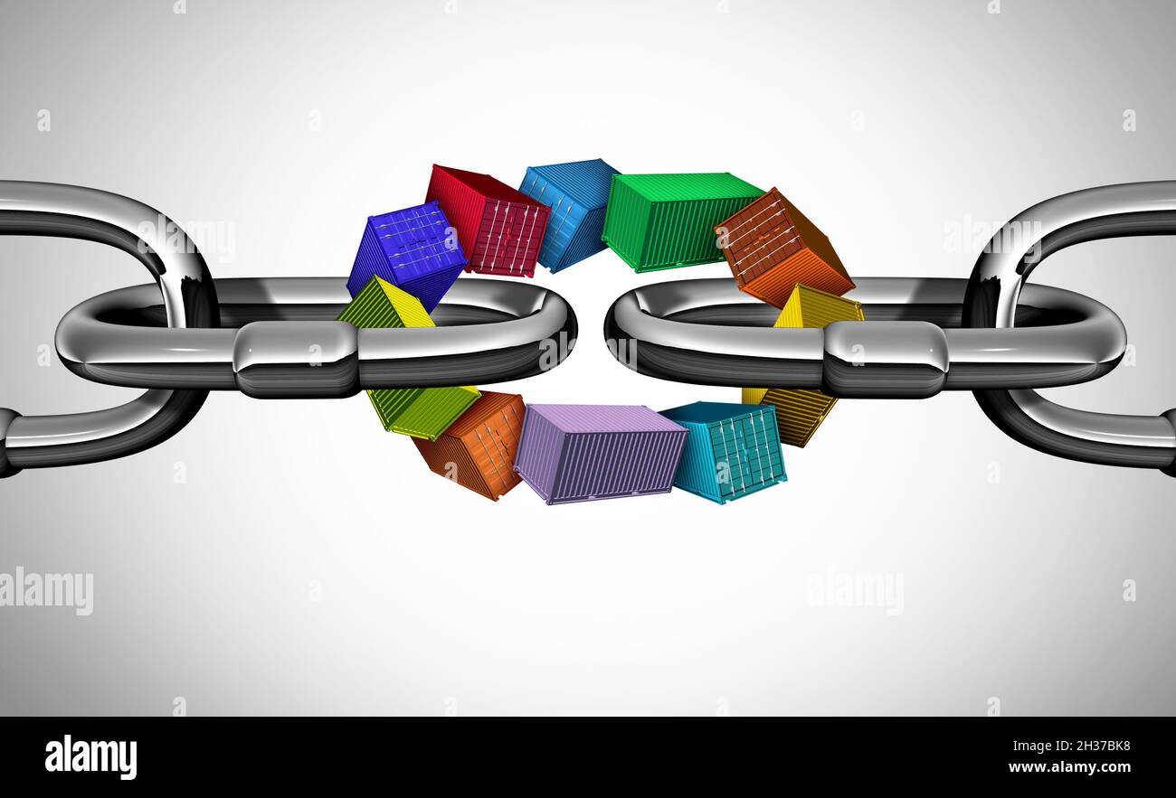 Supply Chain Concept und Shipping Cargo Distribution Herausforderung wie das Stapeln von Schiffscontainern oder das Verteilen von Fracht- und Warengedanken mit Containerboxen. Stockfoto