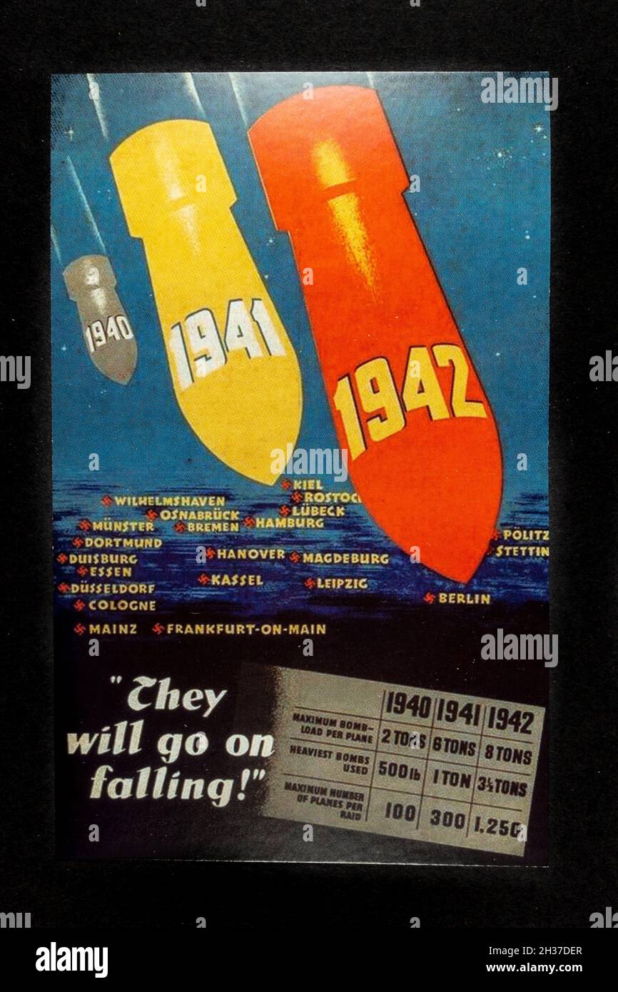 Replik-Propaganda-Poster des Zweiten Weltkriegs: „Sie werden weiter fallen!“ Zeigt eine Zunahme der Bomben auf Deutschland von einem RAF-bezogenen Erinnerungsstück. Stockfoto