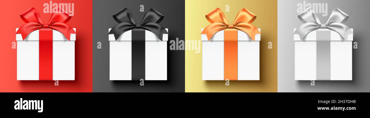 Vektor-Set von Geschenkboxen mit roten, schwarzen, goldenen und silbernen Farbbändern verpackt, liegend auf einer Ebenen Oberfläche. Realistische quadratische Form Vektor geschenkbox Hintergrund. Stock Vektor