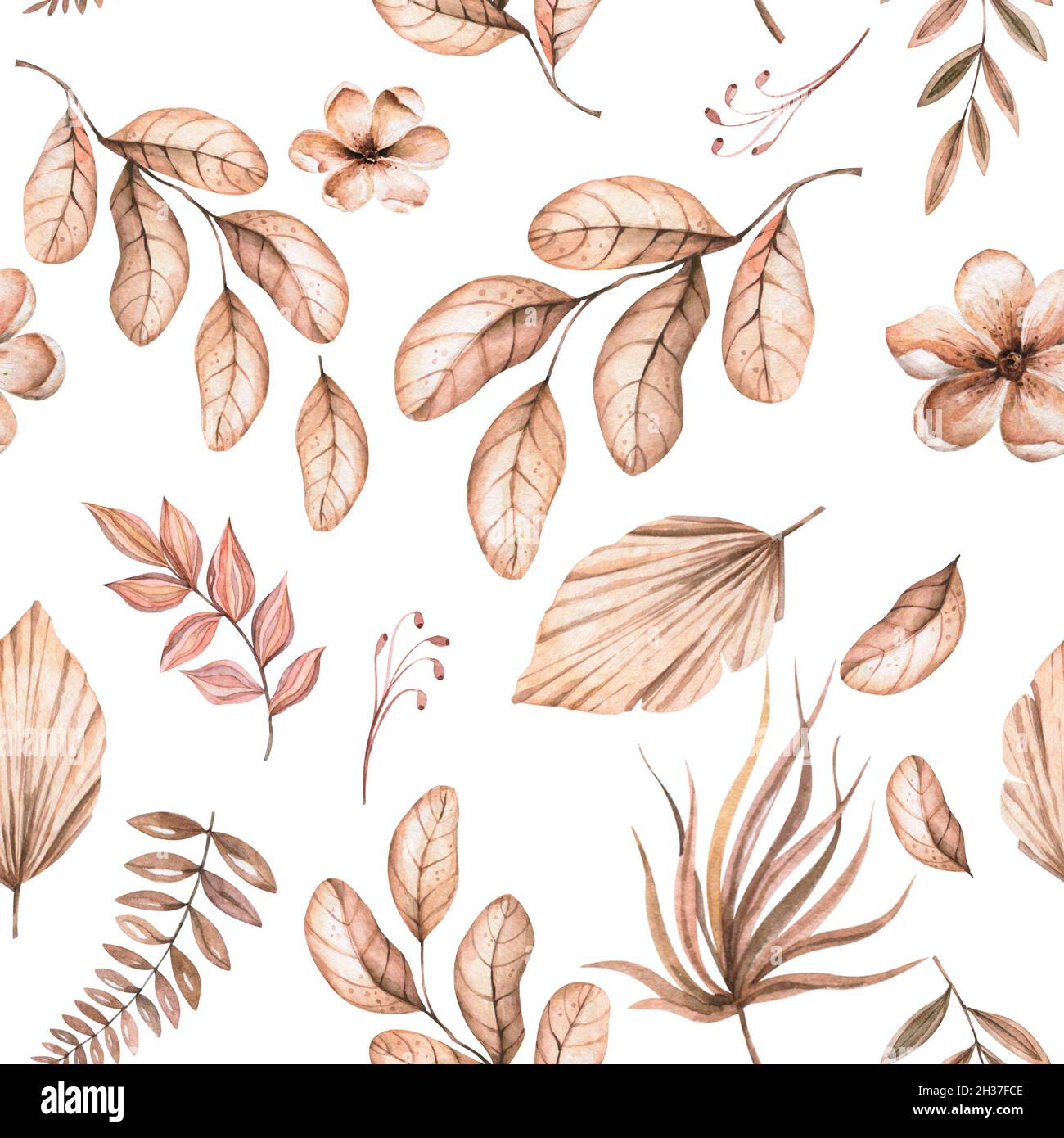 Aquarell-Boho-Nahtloses Muster - handbemalte tropische Blüten aus weißer Orchidee, Palmblättern und Ästen von Pampas. Romantisches Blumenset perfekt für Stockfoto