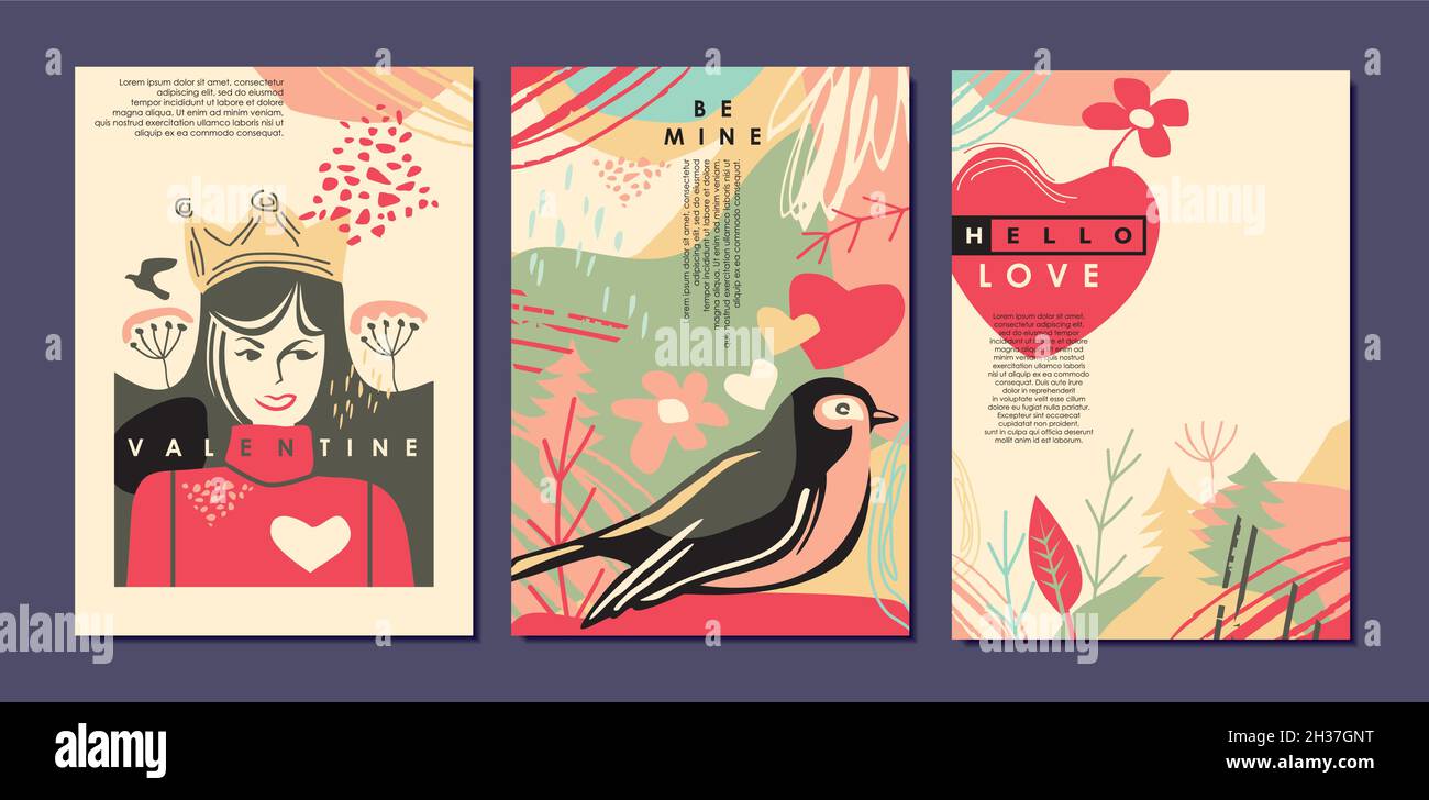 Grußkarten und Banner zum Valentinstag. Notizbuch-Cover-Designs mit romantischem Liebesthema. Modische Prinzessin Mädchen Stock Vektor