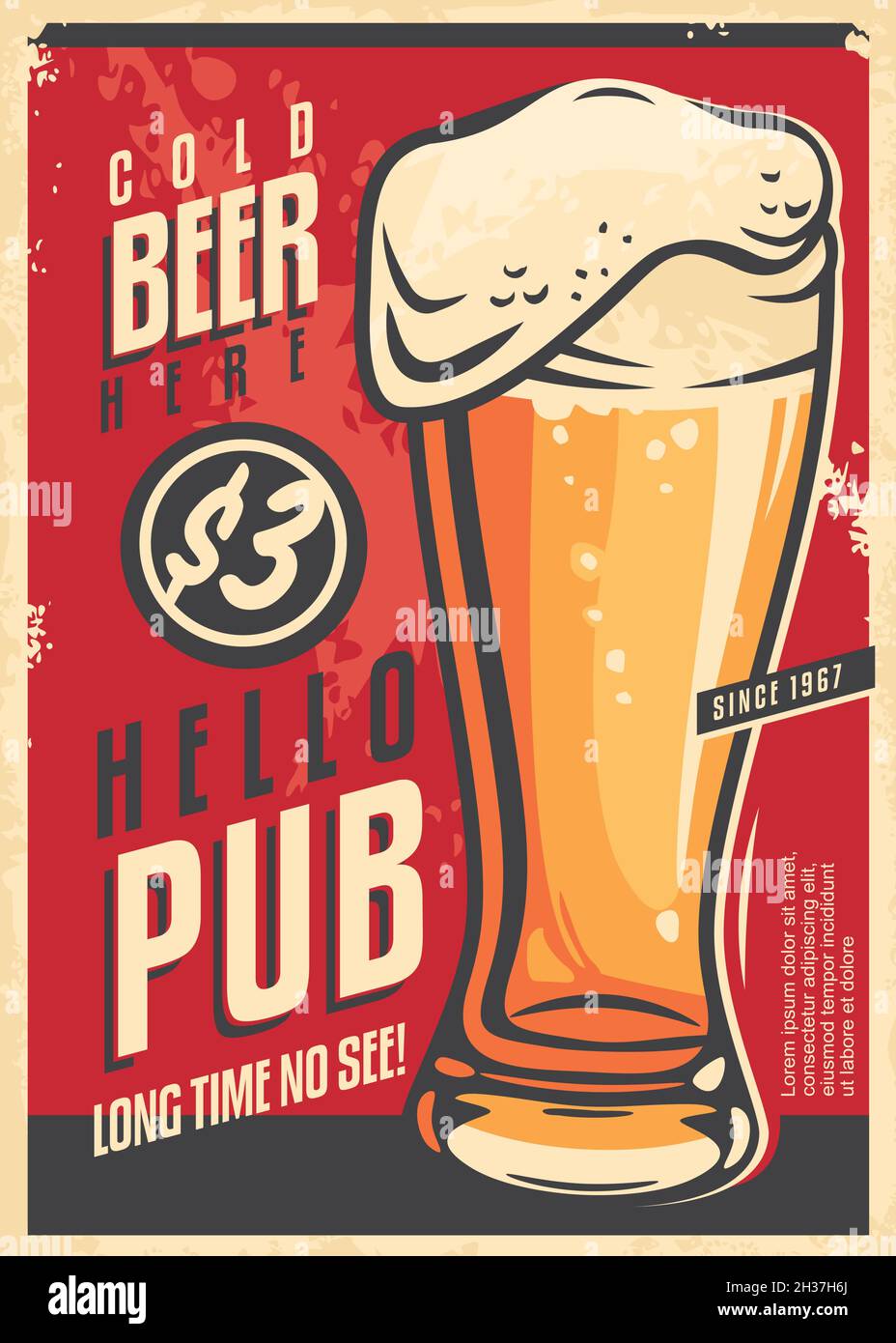 Werbung im Pub-Wanddekor mit einem Glas kaltem Bier und einer ansprechenden Botschaft. Bier trinken Retro-Poster auf rotem Hintergrund. Vintage-Vektorbild Stock Vektor