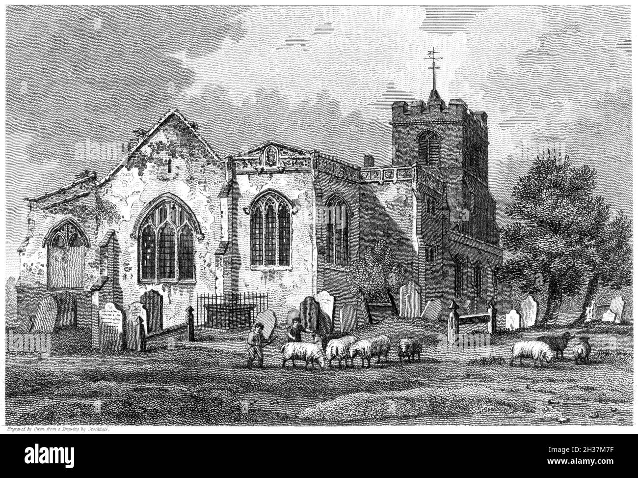 Ein Stich der Broxbourne Church, Herts. Großbritannien scannte mit hoher Auflösung aus einem Buch, das 1812 gedruckt wurde. Für urheberrechtlich frei gehalten. Stockfoto