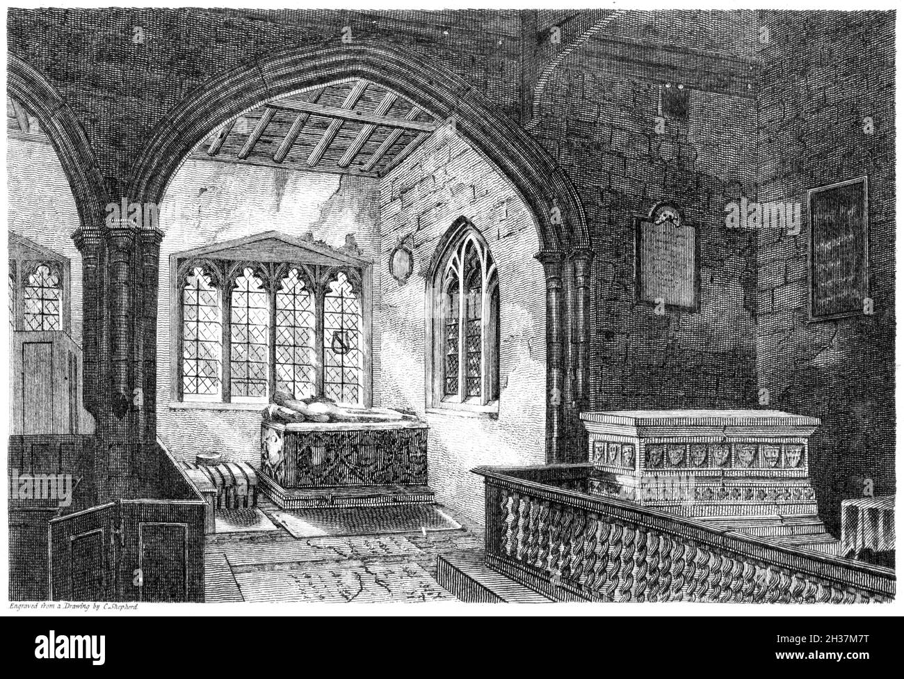 Eine Gravur des Inneren der Kings Langley Church, Herts. Großbritannien scannte mit hoher Auflösung aus einem Buch, das 1812 gedruckt wurde. Für urheberrechtlich frei gehalten. Stockfoto