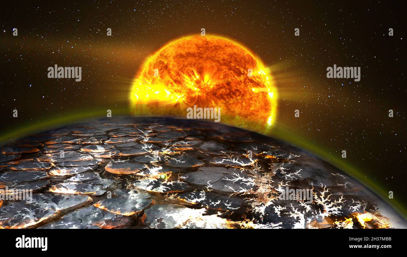 Sonnenaufgang über einem fremden Planeten. Elemente dieses Bildes, die von der NASA eingerichtet wurden. Stockfoto