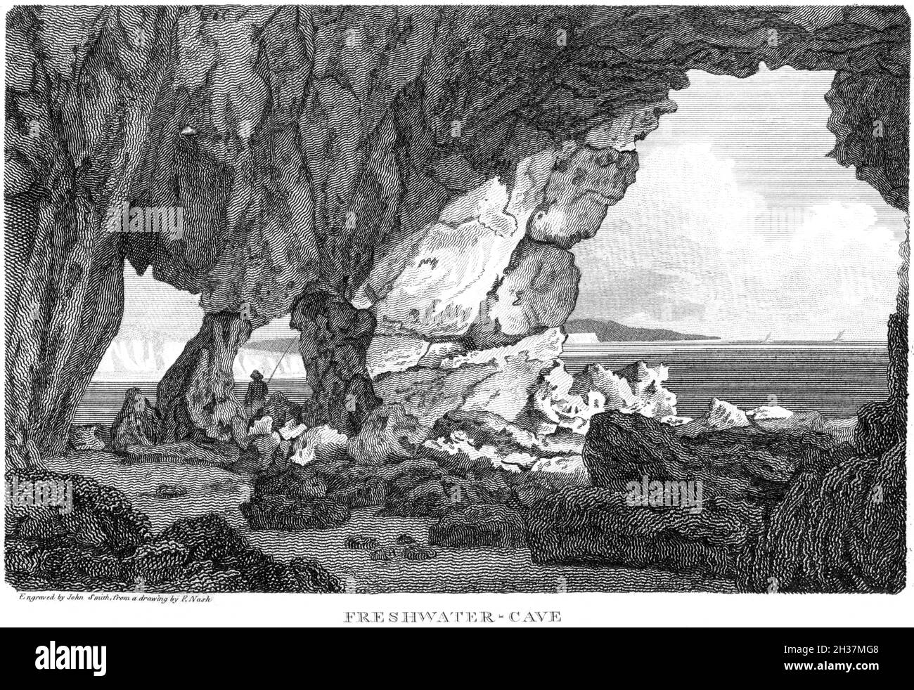 Eine Gravur von Freshwater Cave, Isle of Wight, Hampshire UK, gescannt in hoher Auflösung aus einem Buch aus dem Jahr 1812. Für urheberrechtlich frei gehalten. Stockfoto