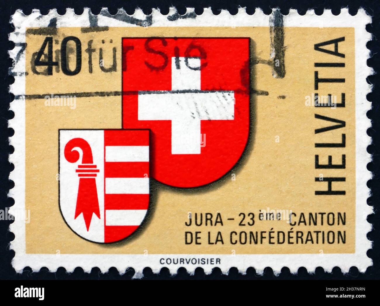 SCHWEIZ - UM 1978: Eine in der Schweiz gedruckte Briefmarke zeigt Wappen der Schweiz und des Jura, Zulassung des Jura als 23. Kanton, um 1978 Stockfoto
