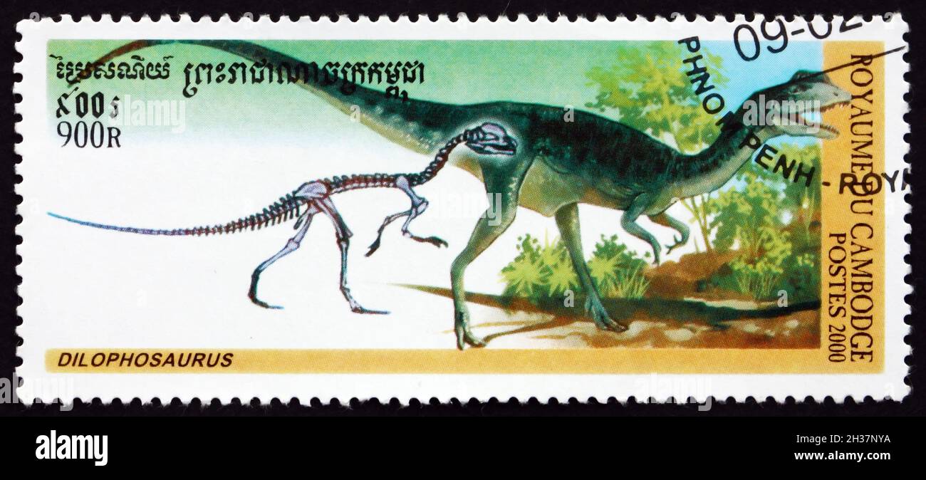 KAMBODSCHA - UM 2000: Eine in Kambodscha gedruckte Marke zeigt dilophosaurus, einen Theropod-Dinosaurier, der während der frühen Jurrasik um 2000 lebte Stockfoto