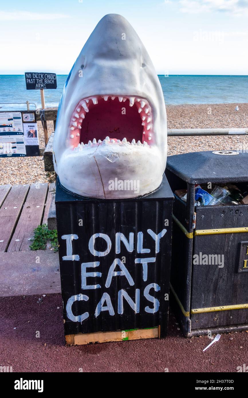 Ich esse nur Dosen, Abfalleimer in Form eines Hai Hastings direkt am Meer Stockfoto