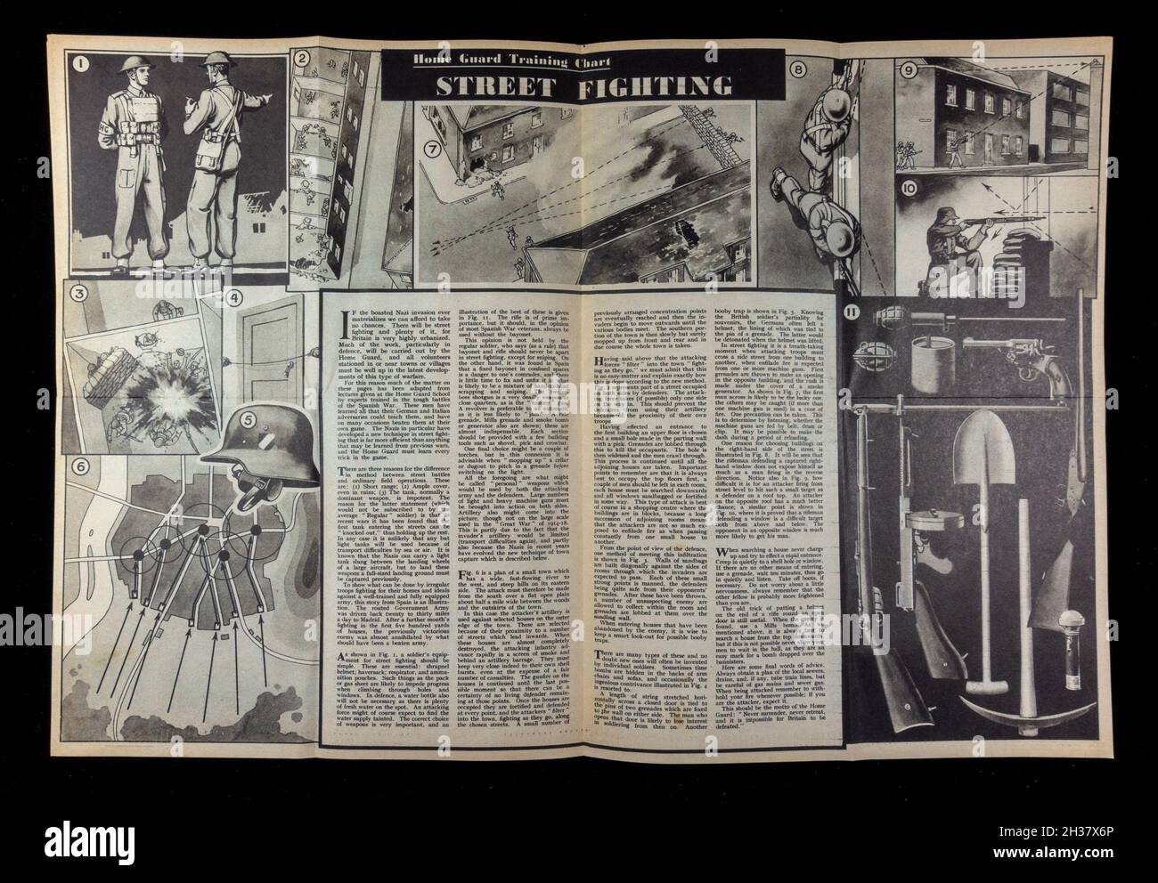 Street Fighting Tactics inside 'Modern World the Pictorial Review' (Nachbildung) vom 1940. Oktober, Teil eines Memorabiliapakets der Heimatgarde des Zweiten Weltkriegs für Schulen. Stockfoto