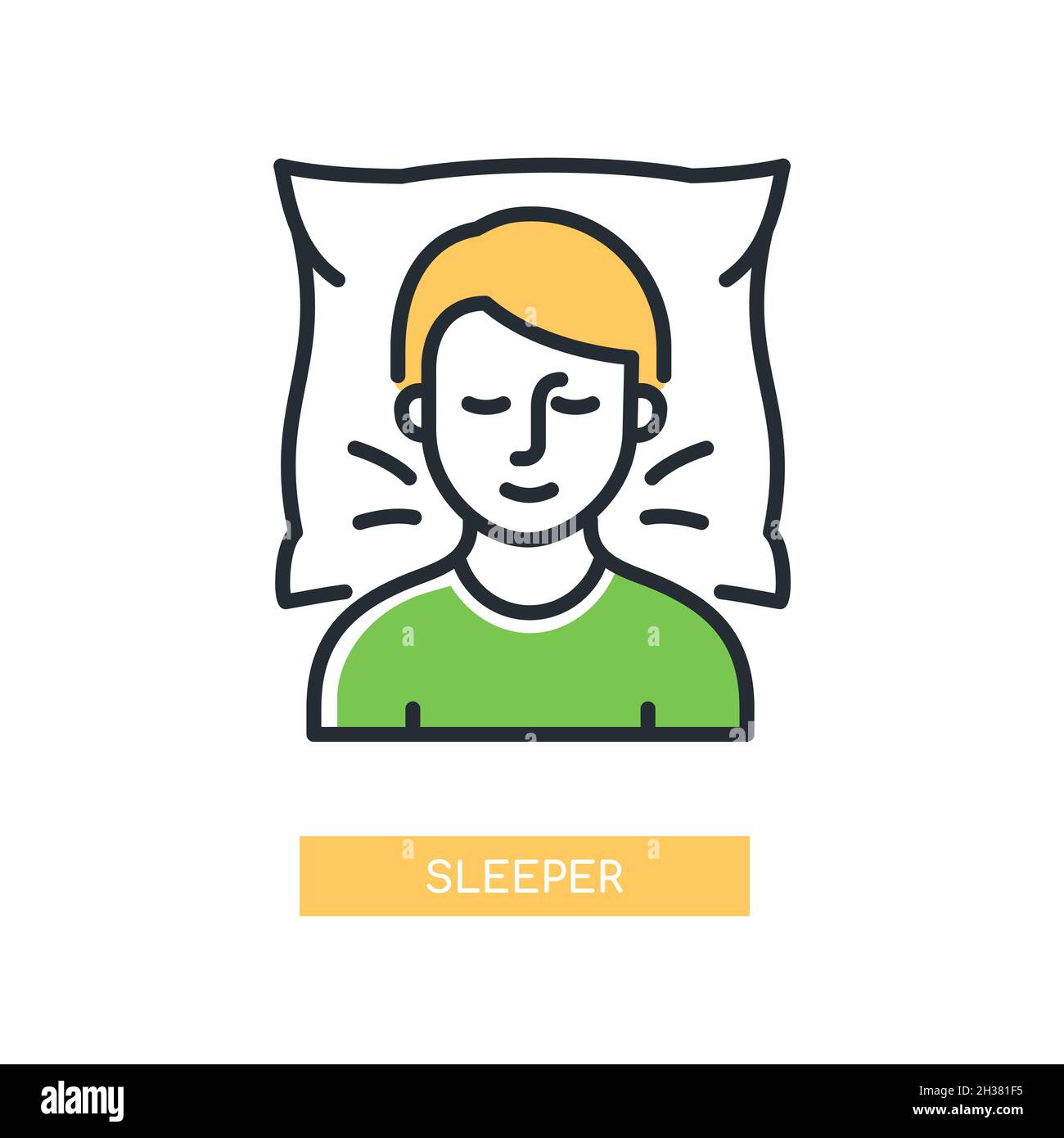 Sleeper - modernes Design im Stil einer einzelnen isolierten Ikone. Der blonde Mann im grünen T-Shirt schlief auf dem Kissen ein. Wir wetten, er hat einen großen Traum und Sie jetzt Stock Vektor