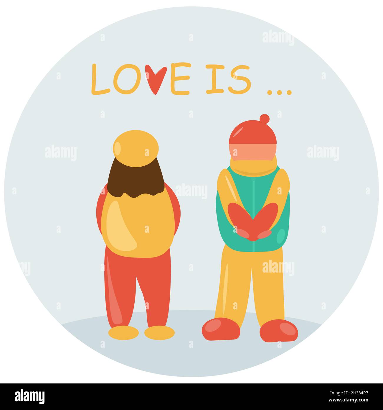 Der Kerl gibt dem Mädchen ein Herz und zeigt seine Liebe zu ihr Stock Vektor