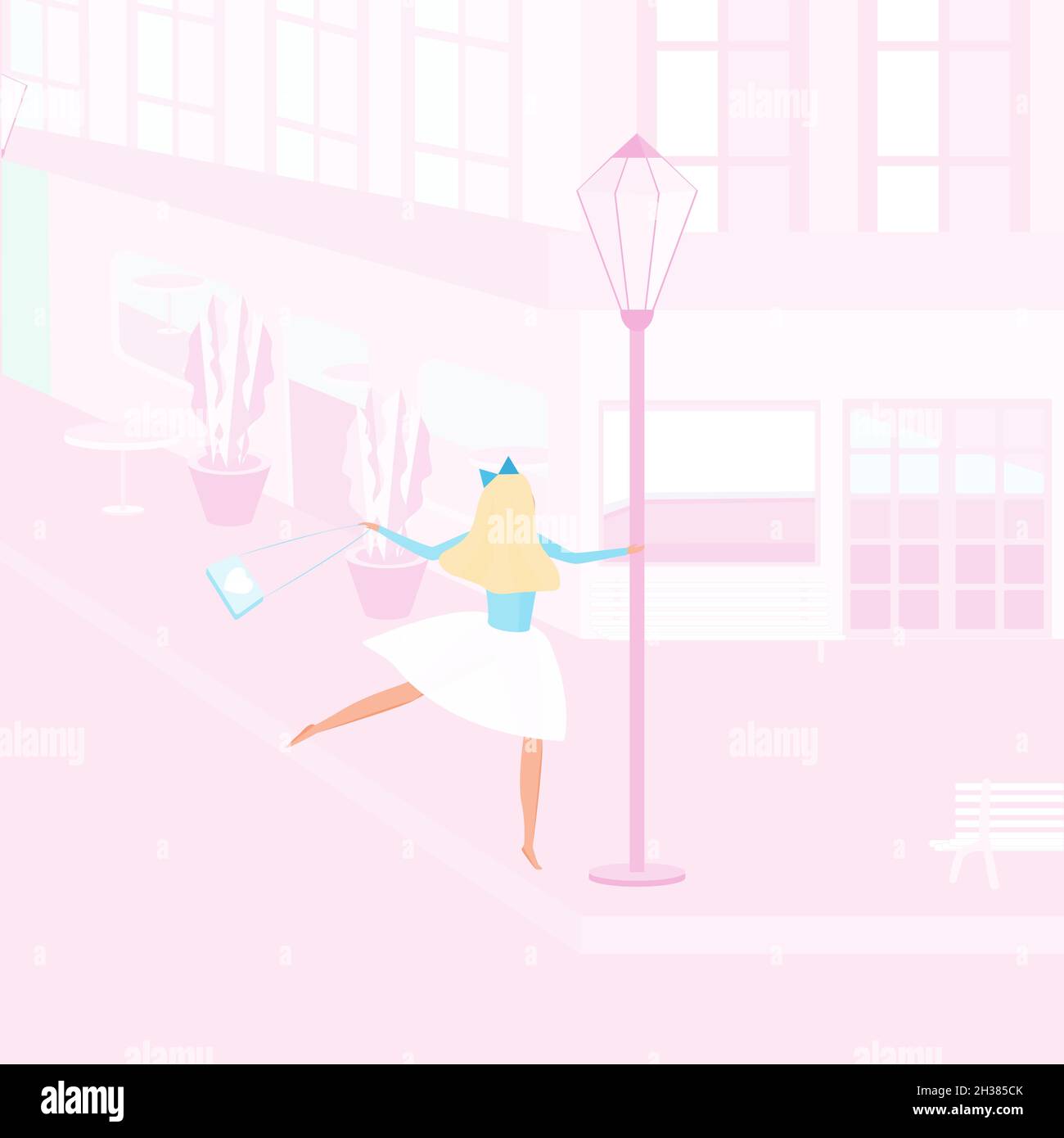 Junges Mädchen, das auf einem rosa Stadthintergrund tanzt Stock Vektor