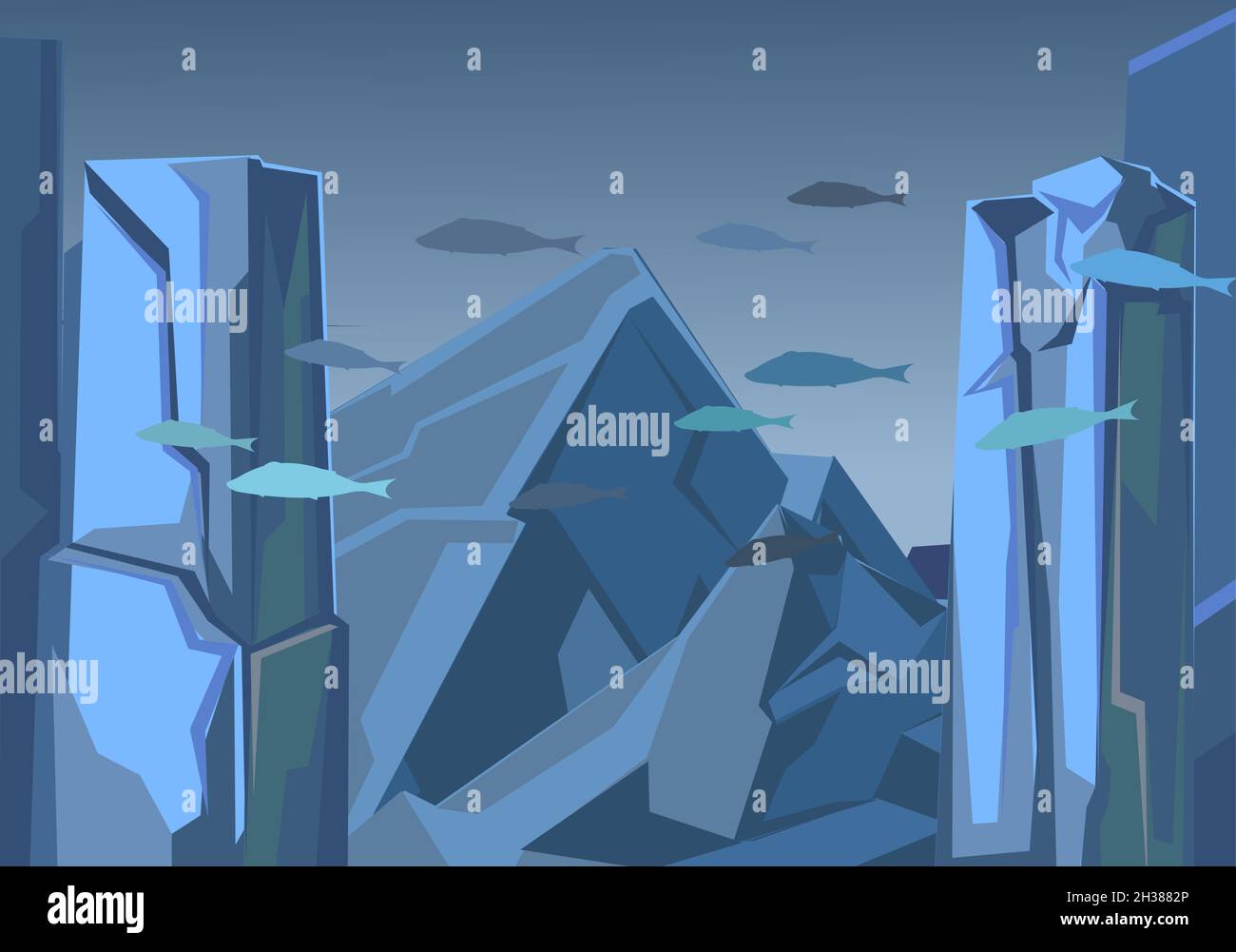 Tiefseelandschaft mit felsigen Klippen. Meeresboden. Unterwasserwelt von Fischen. Natürliche Landschaft. Illustration im Cartoon-Stil flache Design. Vektor Stock Vektor