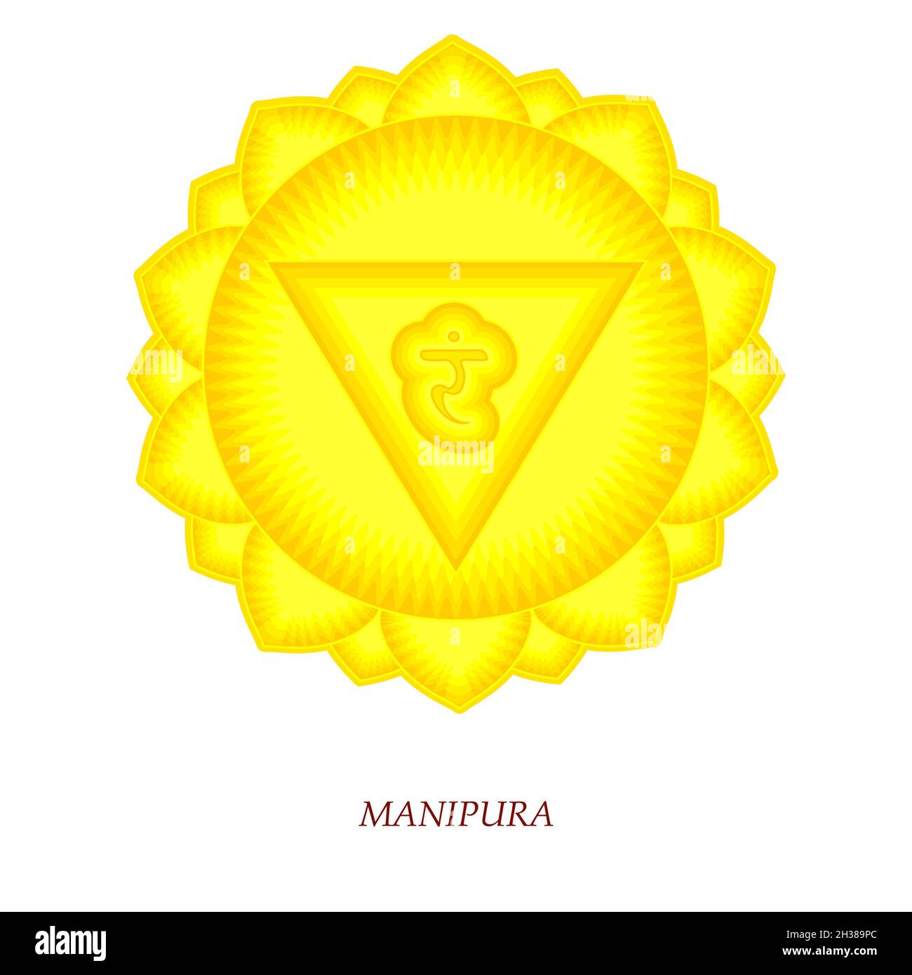 Das dritte Chakra von Manipur. Solar Plexus Chakra mit hinduistischem Sanskrit. Gelb ist ein flaches Symbol für Meditation, Yoga. Stockfoto