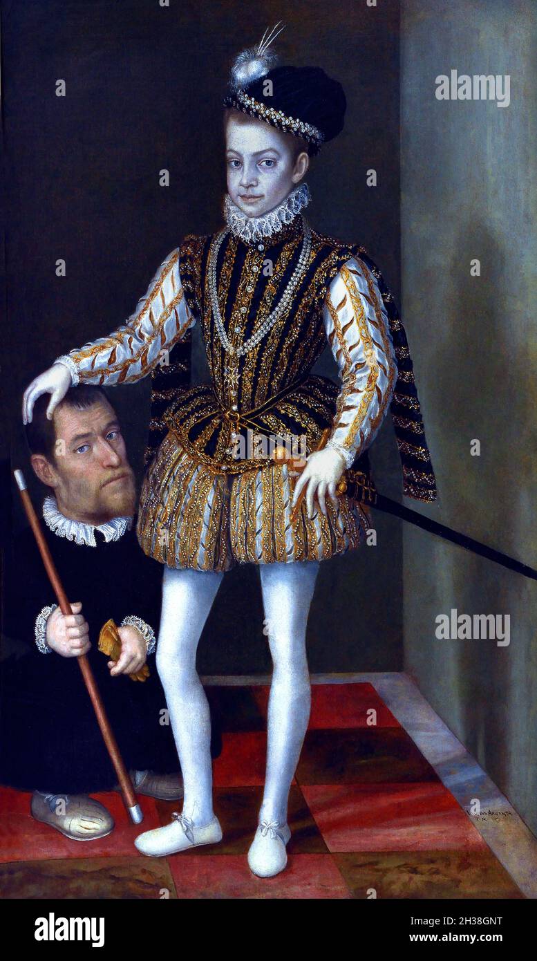 Charles Emmanuel I., Herzog von Savoyen, mit einem Zwerg von Vighi Giacomo mit dem Namen l'Argenta 1500-1573 Stockfoto