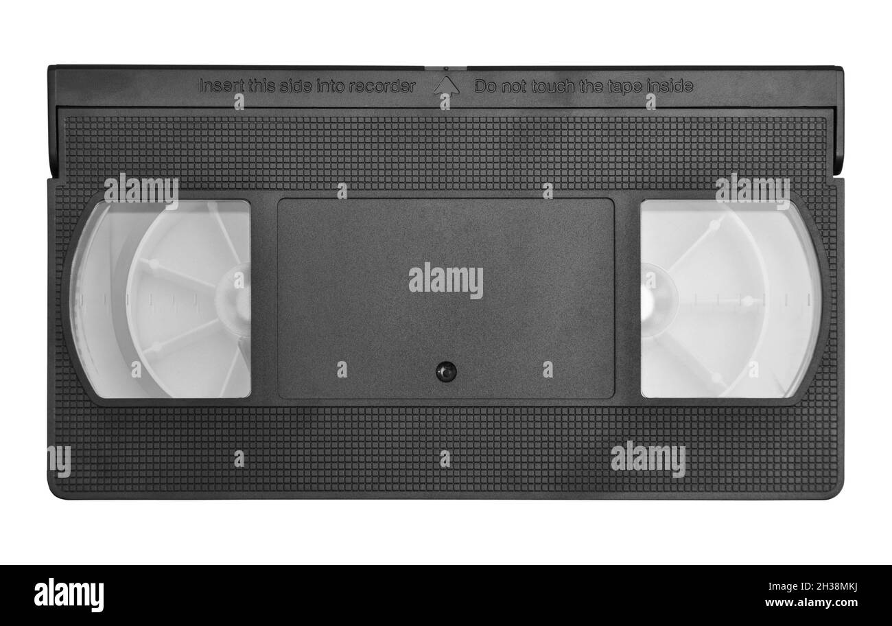 Altes, leeres analoges vhs-Videokassettenband auf weißem Hintergrund isoliert Stockfoto