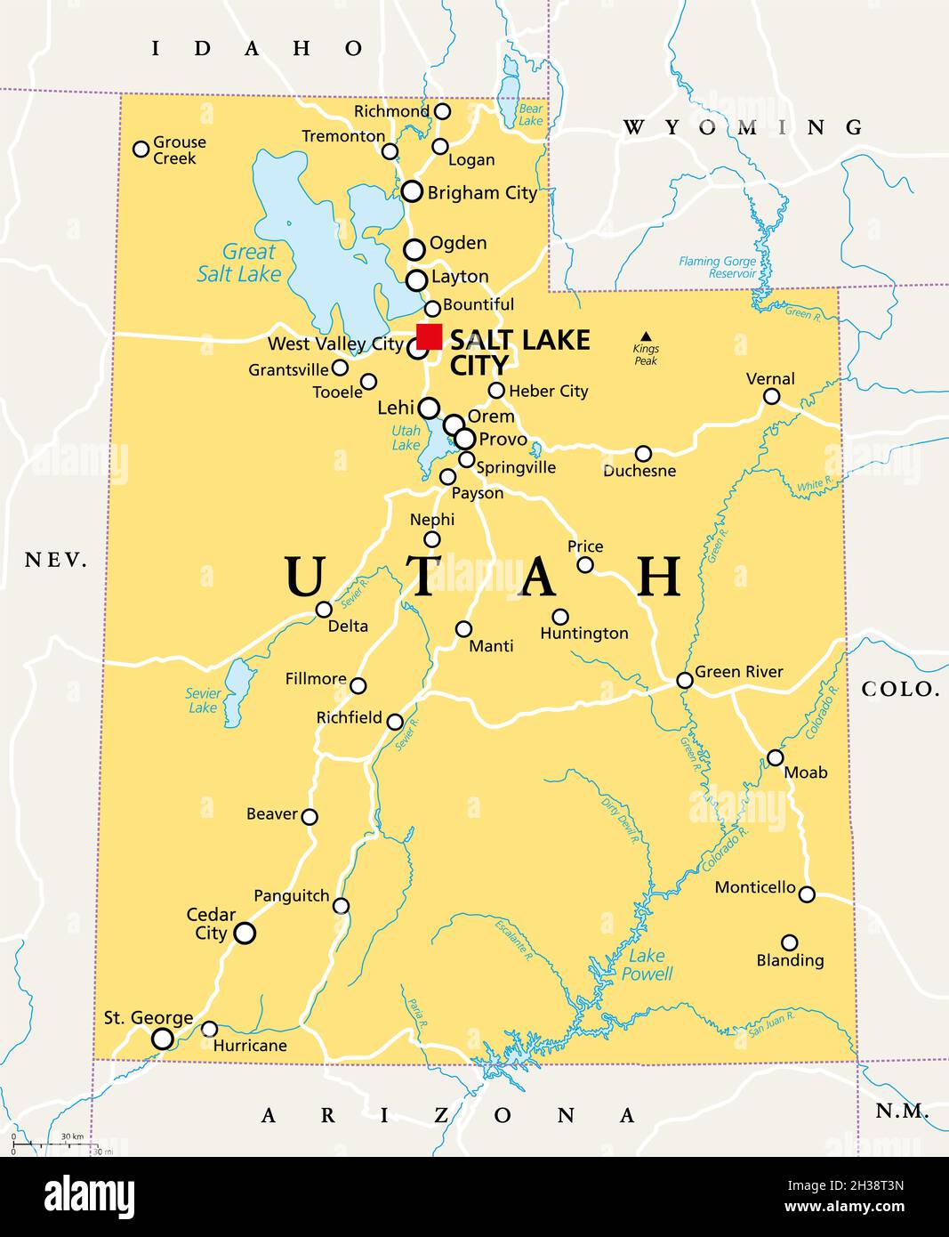 Utah, Utah, politische Karte, mit der Hauptstadt Salt Lake City. Staat in der Unterregion Mountain West der westlichen Vereinigten Staaten von Amerika. Beehive State. Stockfoto