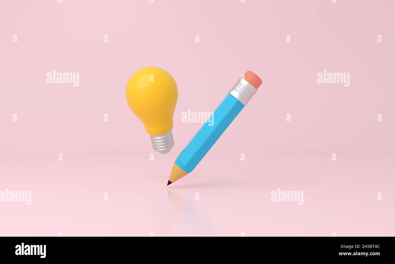 Bleistift und Glühbirne auf minimalistischem rosa Hintergrund. Schulkonzept. 3d-Rendering. Stockfoto