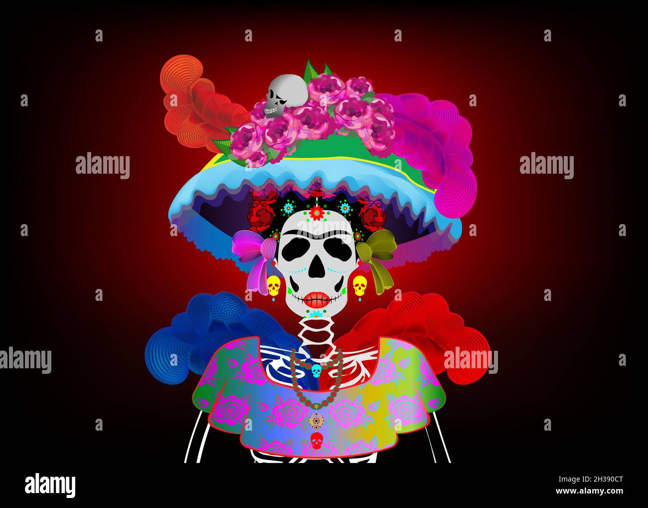Tag der Toten, Dia de los muertos, Zuckerschädel, mexikanische Fiesta Party, Frau catrina calavera Schädel in Ringelblumen Kranz, Vektor isoalted auf da Stock Vektor
