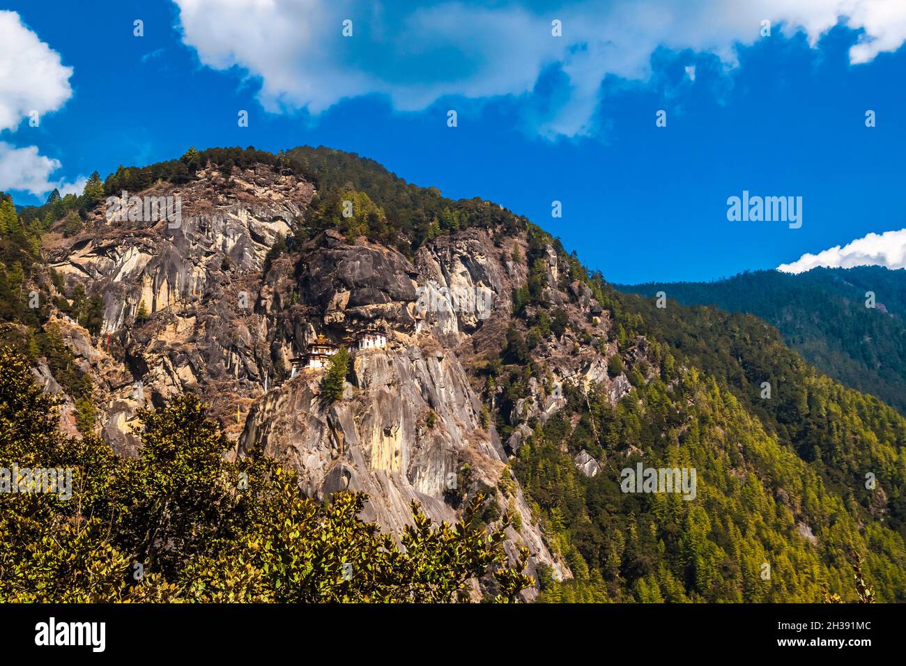 Taktshang Goemba (Tiger's Nest Kloster), das berühmteste Kloster in Bhutan, in einer Bergklippe. Stockfoto