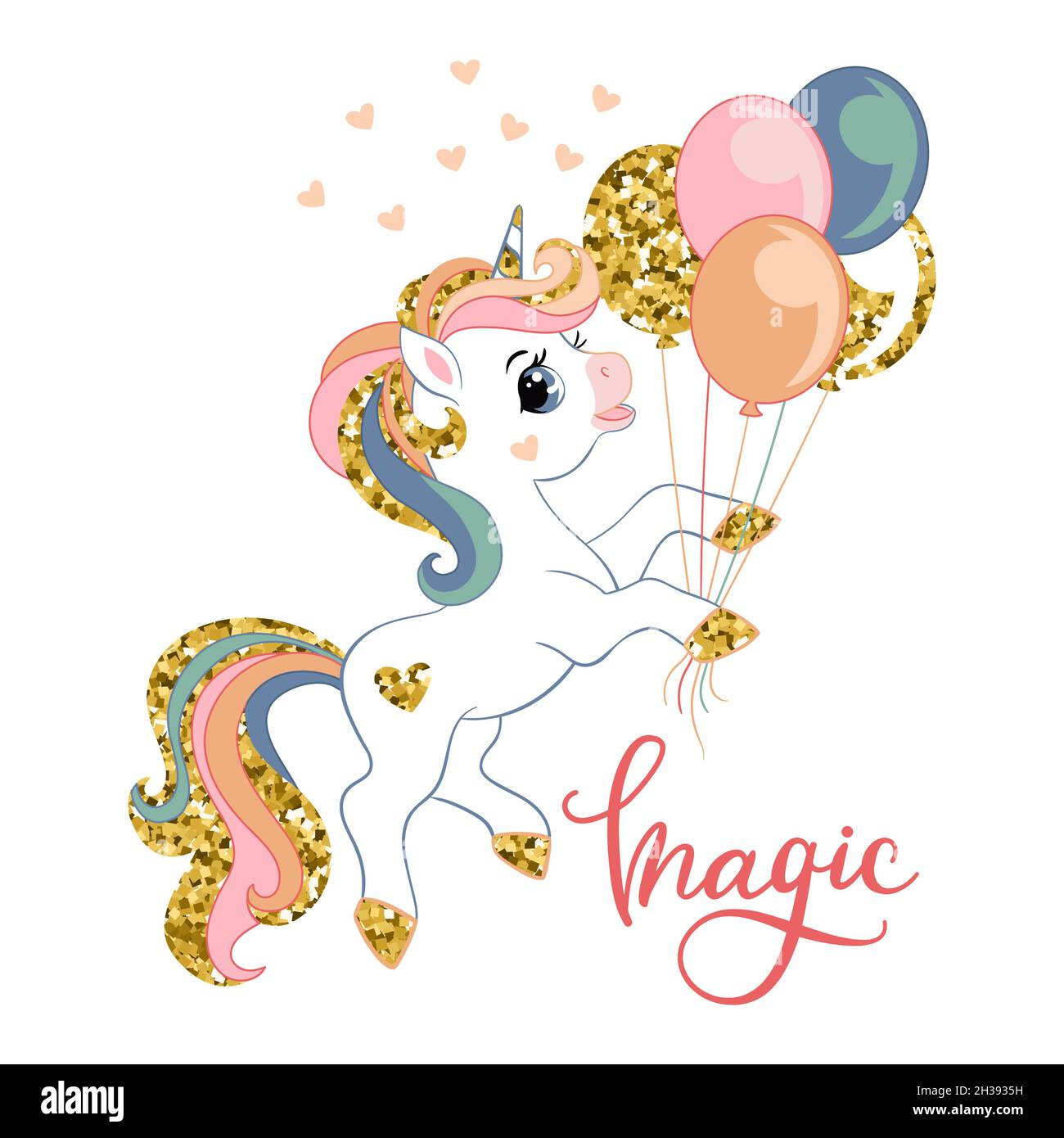 Niedliche Cartoon Einhorn mit Luftballons und Text Magic. Vektor-Llustration goldenen und trendigen Farben isoliert auf weiß. Für Aufkleber, Design, Dekoration, pri Stock Vektor