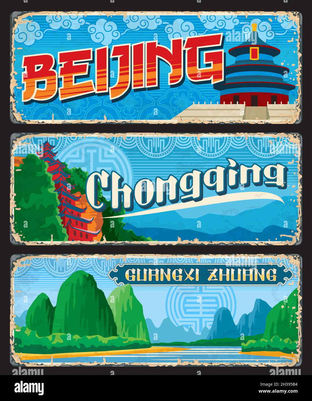 Peking, Guangxi Zhuang, Chongqing Chinesische Provinzen Platten. China Gebiet Grunge Reise Aufkleber, Zinn Schilder oder Retro-Platten mit Himmelstempel, Stock Vektor