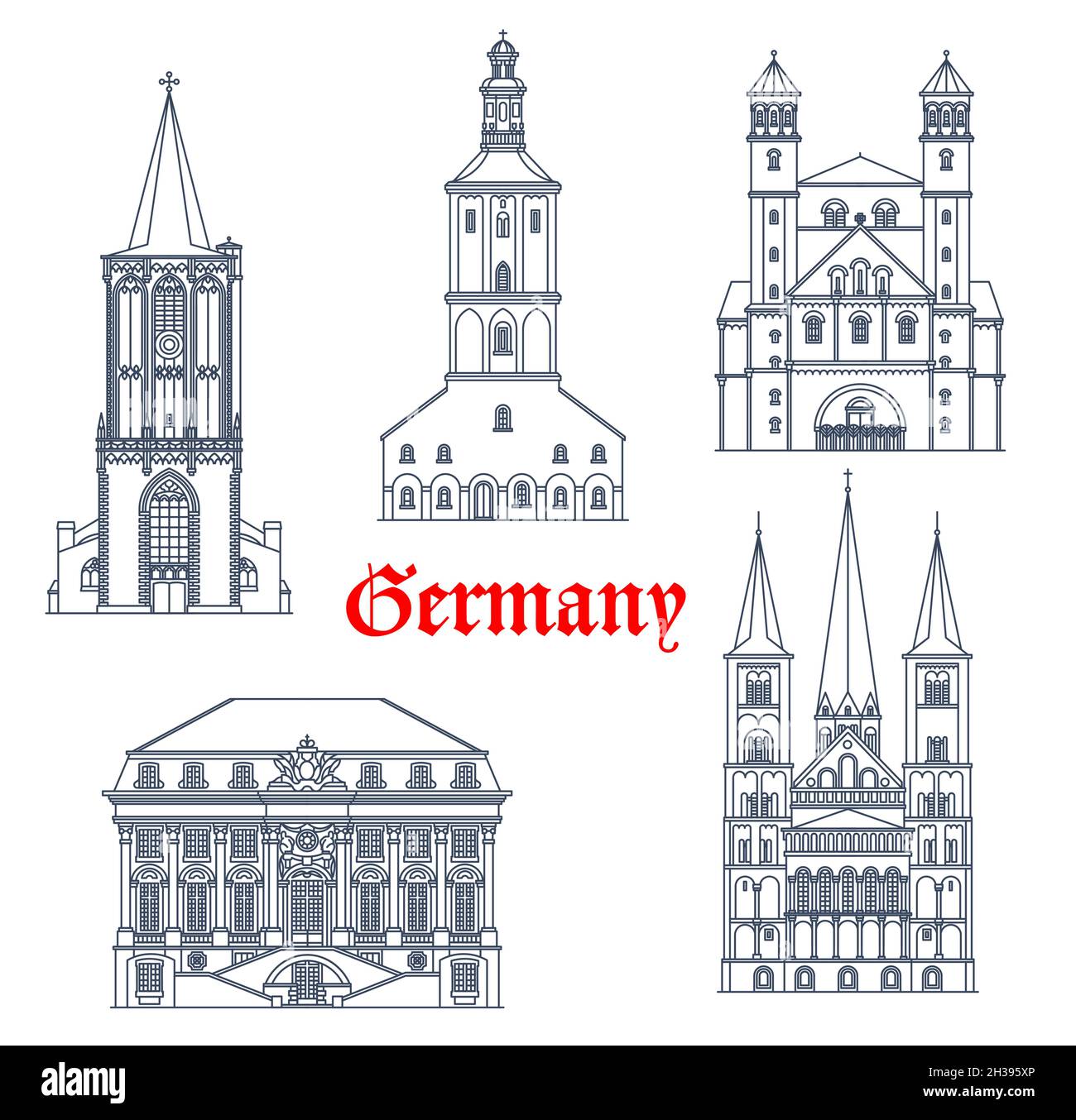 Deutschland Reisen Wahrzeichen und Architektur Gebäude von Köln und Bonn, Vektor. Deutsche Architektur der St. Ursula und Severin Basilika, St. Pantaleo Stock Vektor