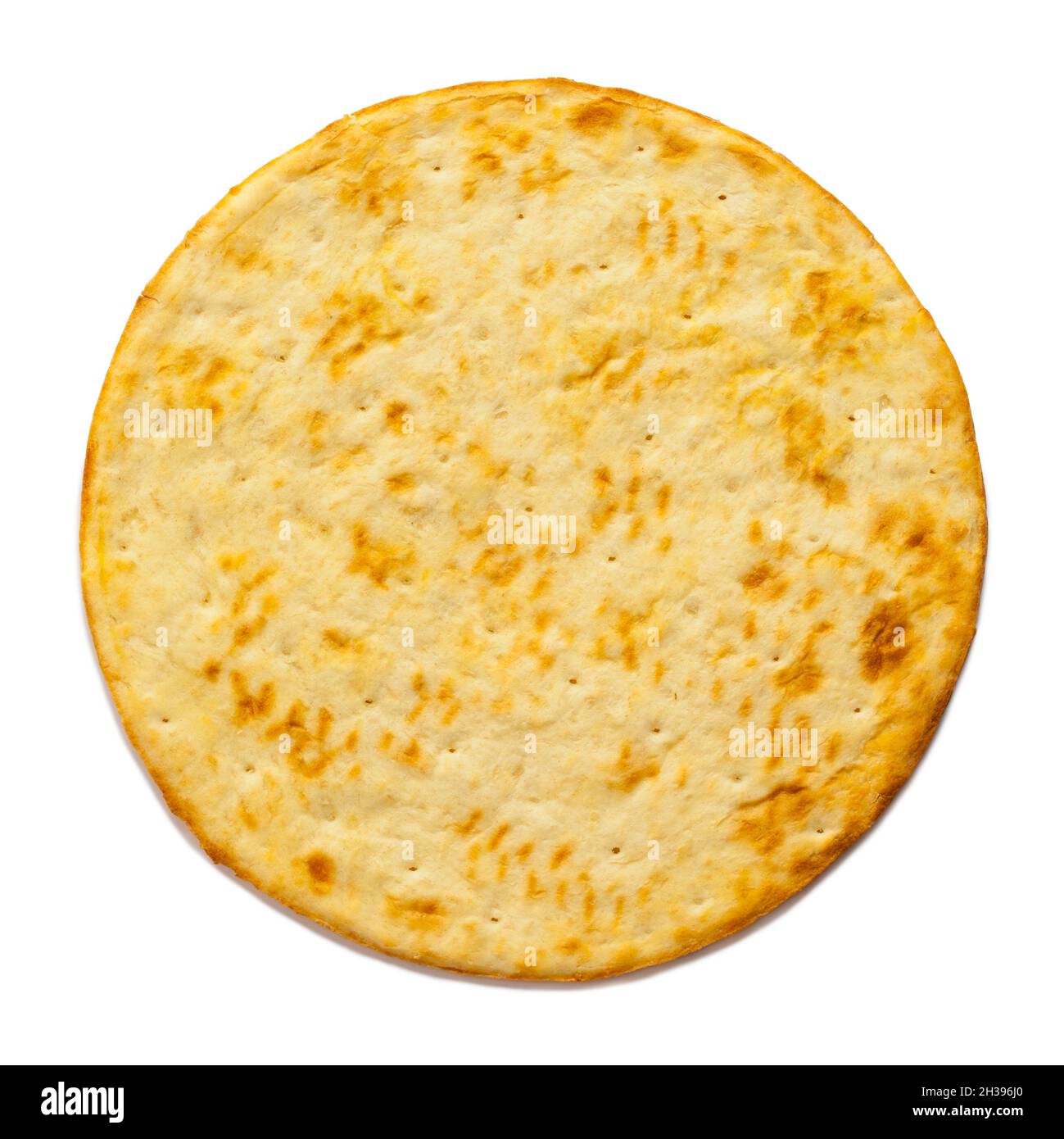 Thin Pizza Crust, Ansicht von oben, auf Weiß ausgeschnitten. Stockfoto